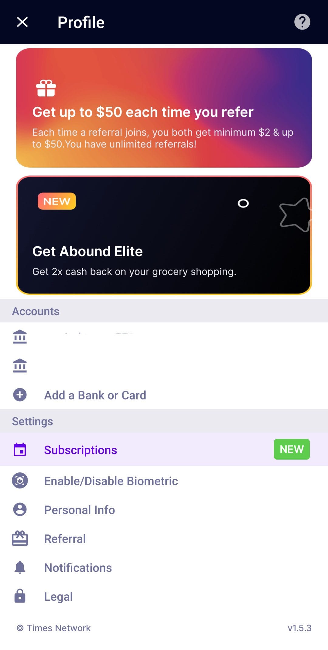 Abound profile menu