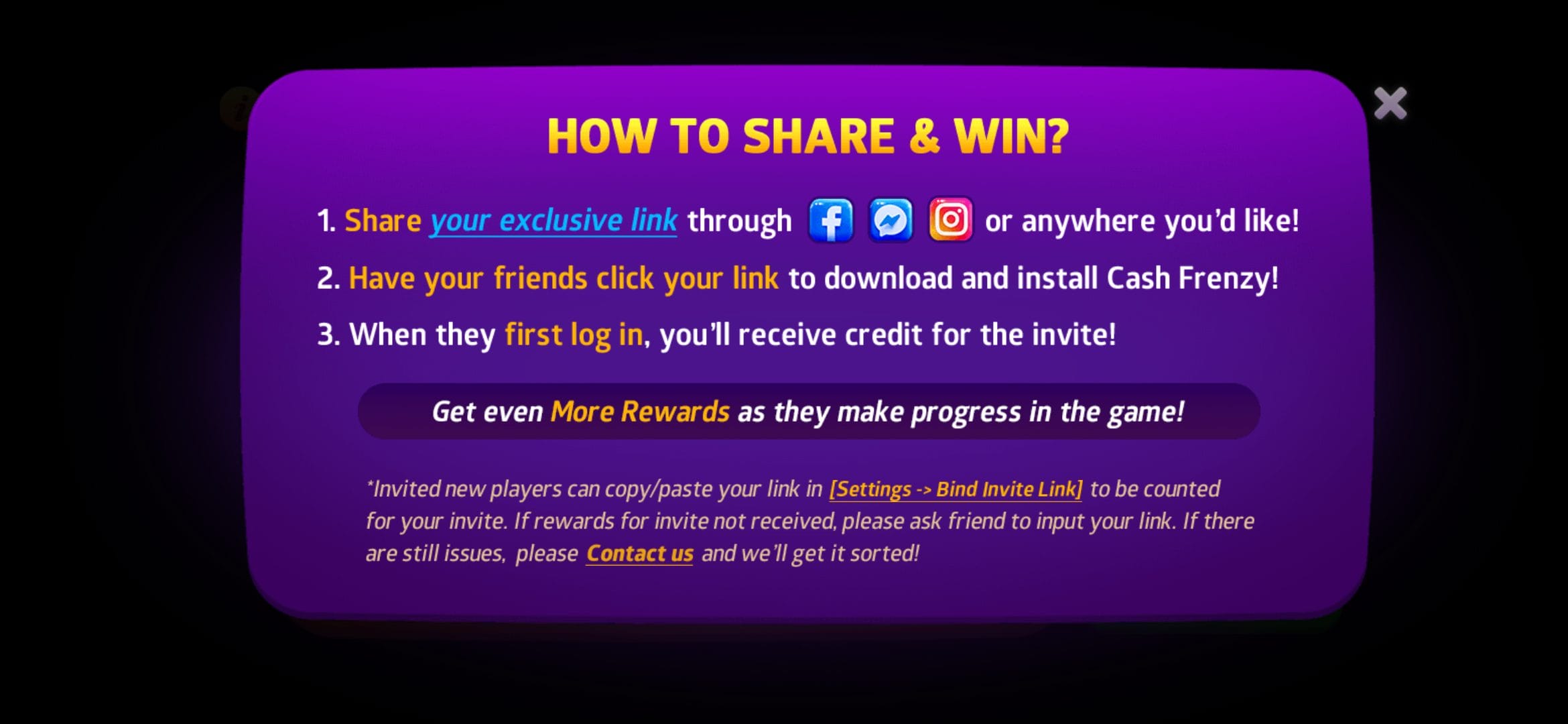 Cash Frenzy how to share and win