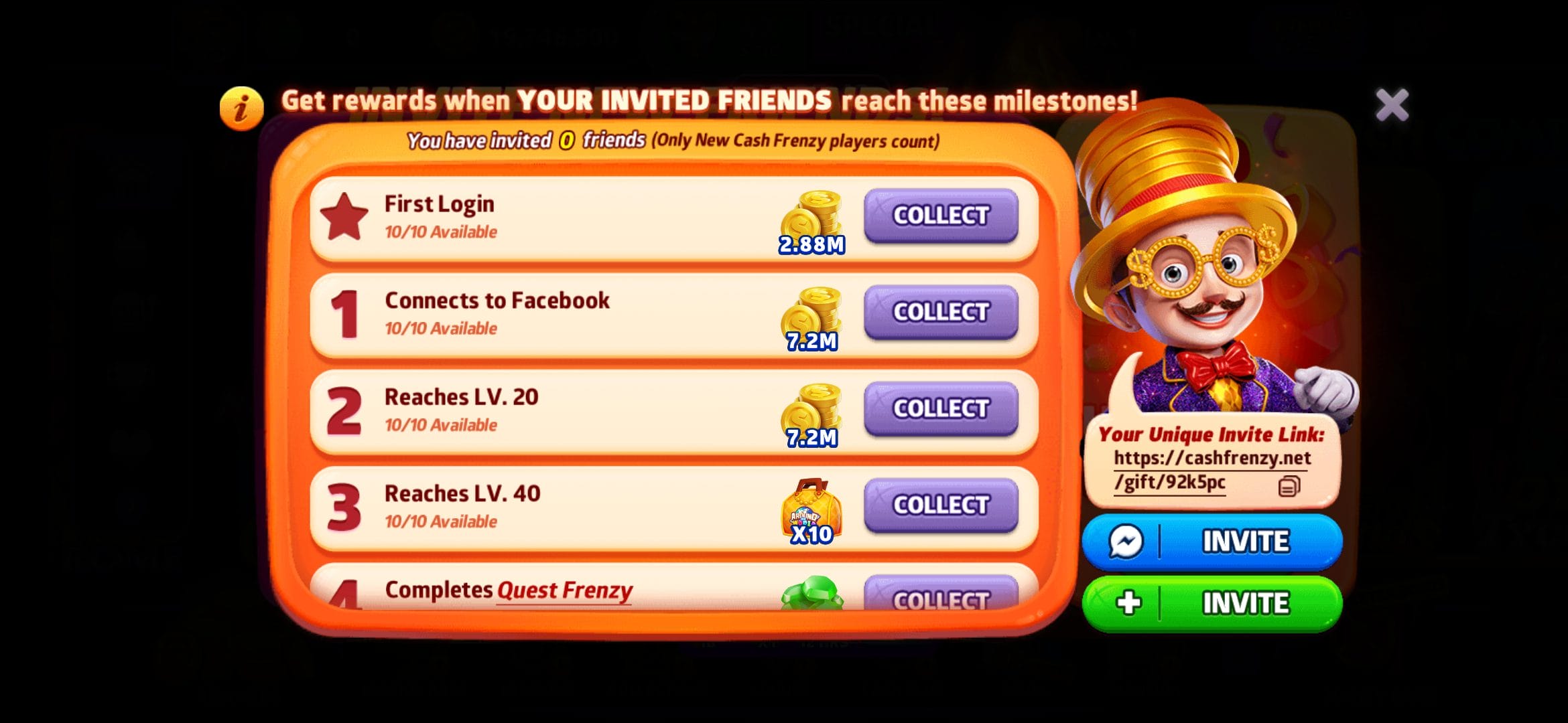 Cash Frenzy referral bonus milestones