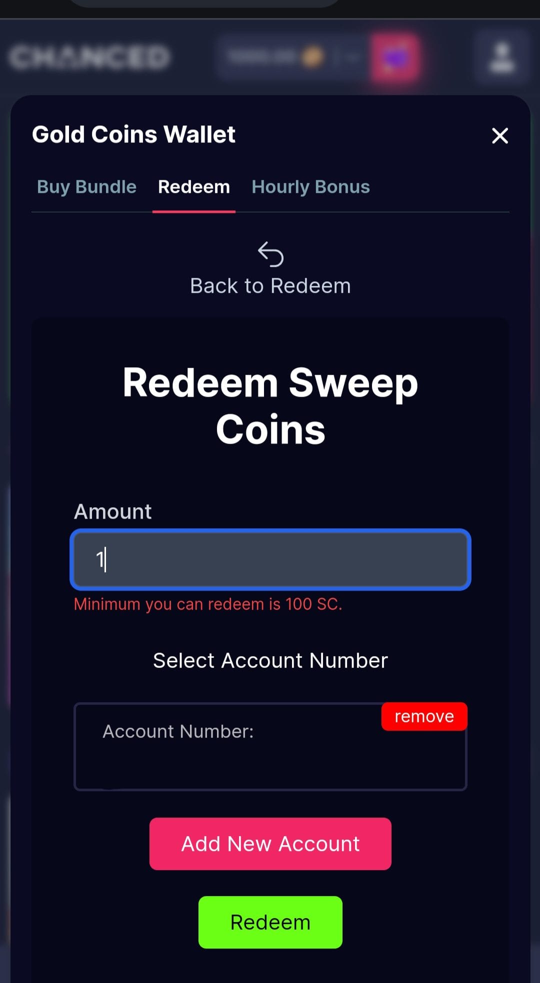 Chanced Casino redeem sweep coins