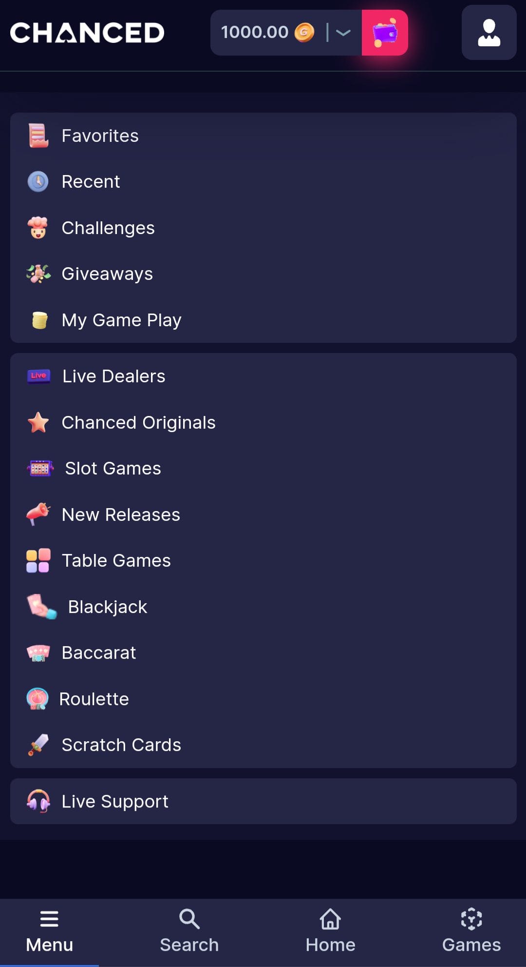 Chanced Casino menu