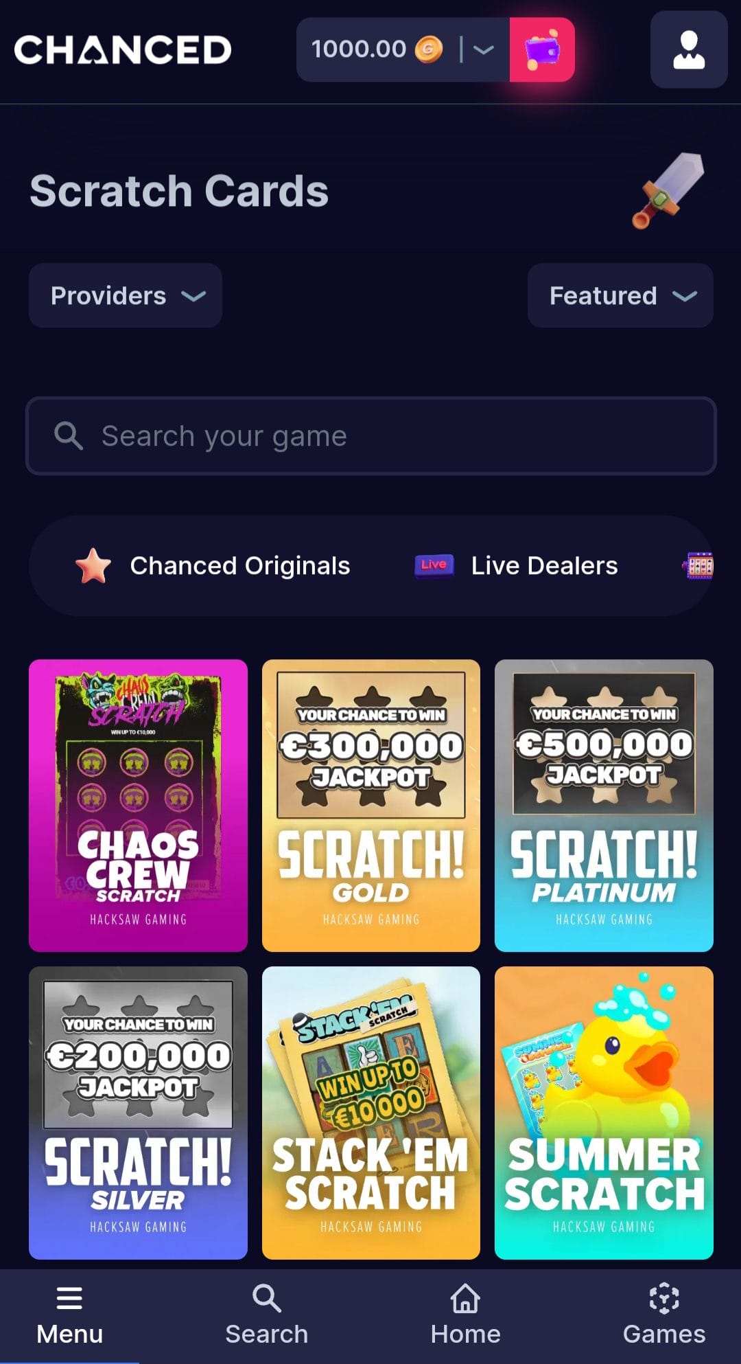 Chanced Casino scratch cards