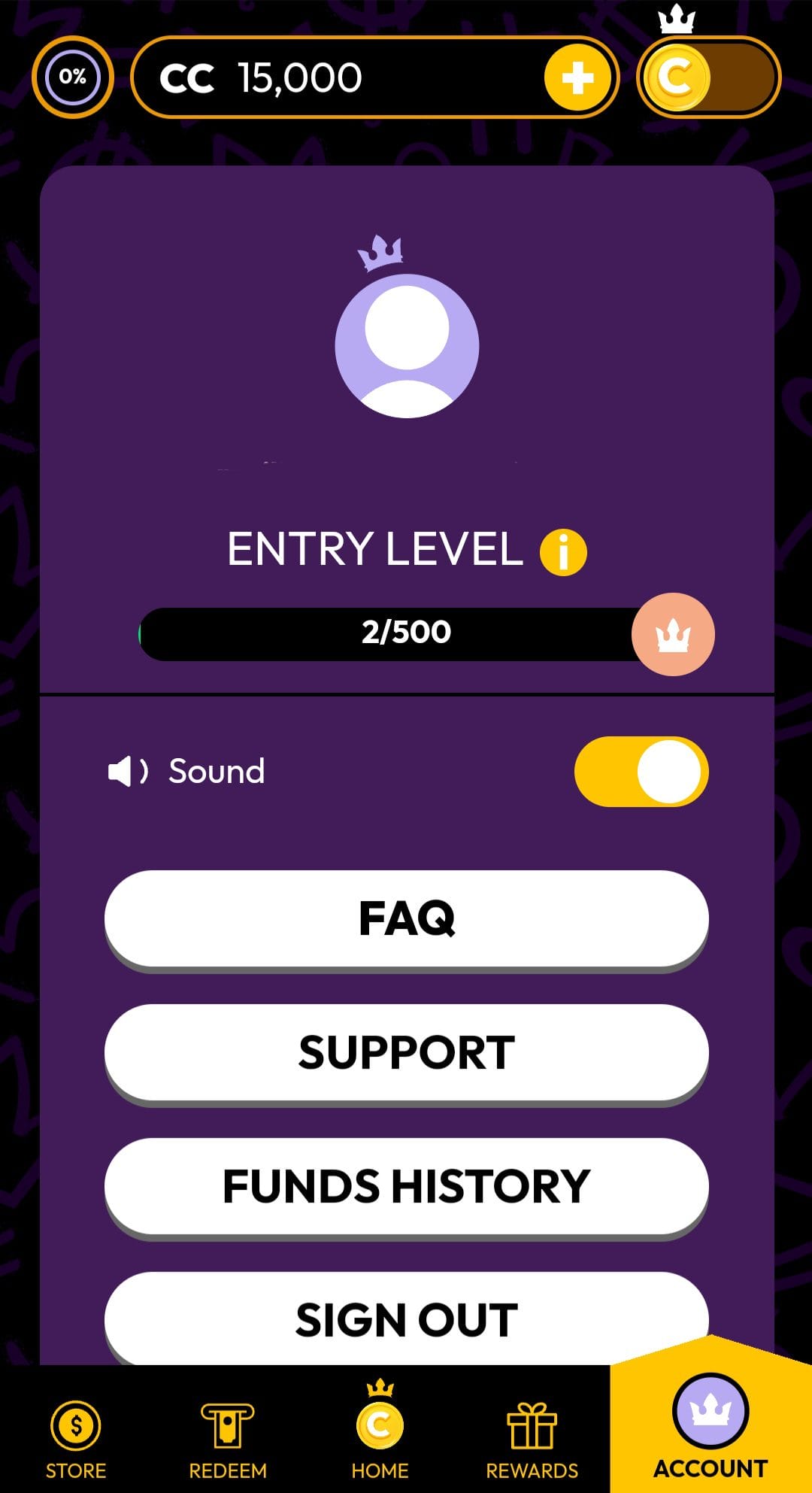 CrownCoins Casino profile menu