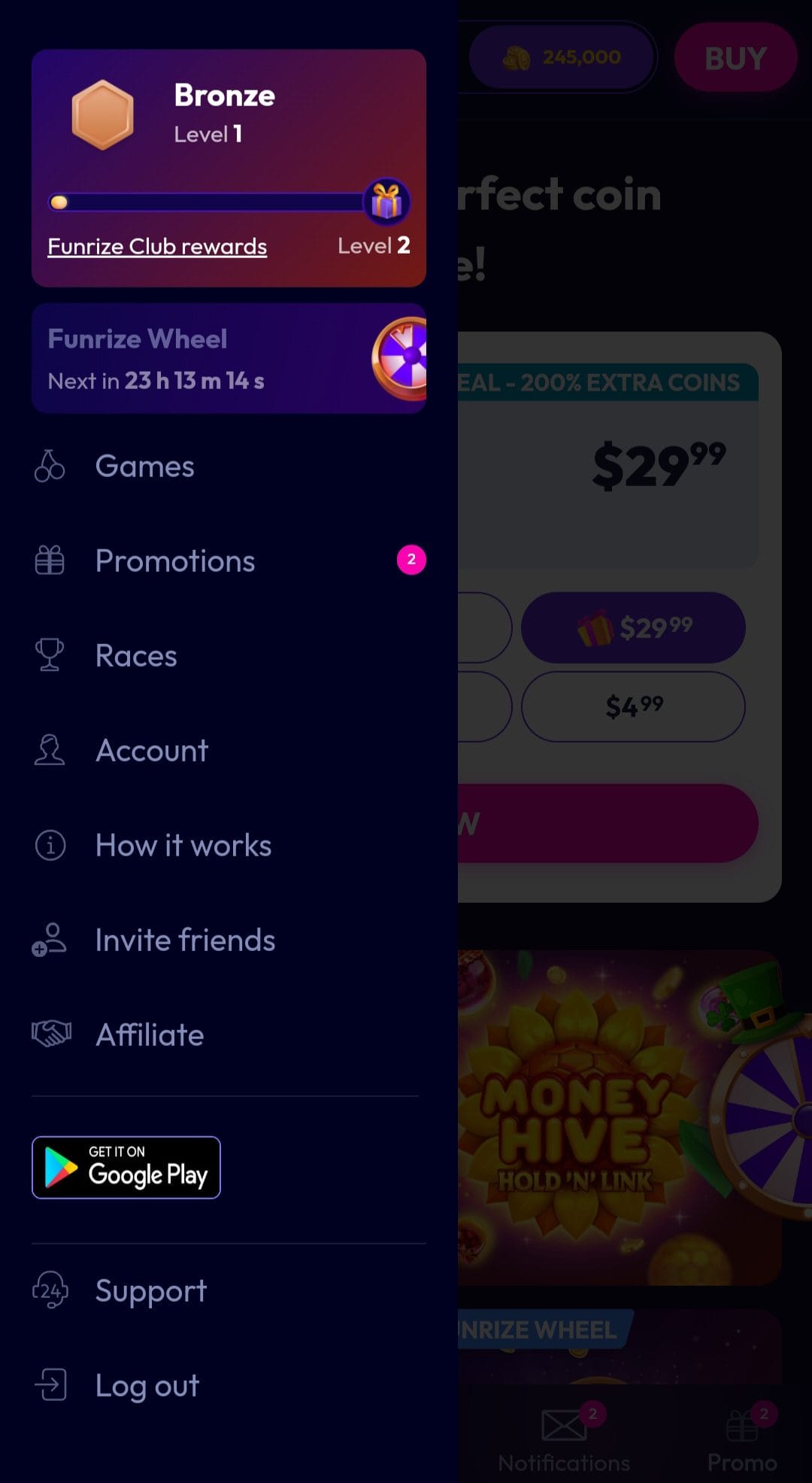 Funrize profile menu