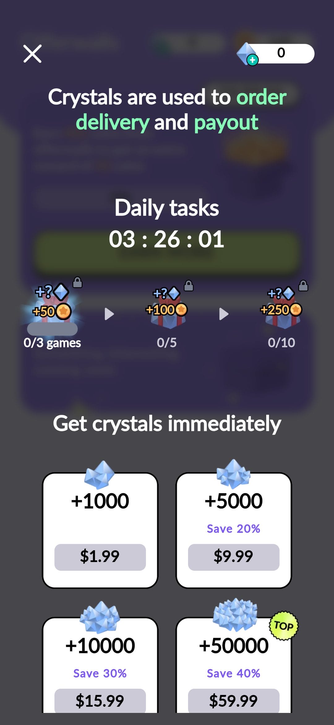 TOD earn crystals
