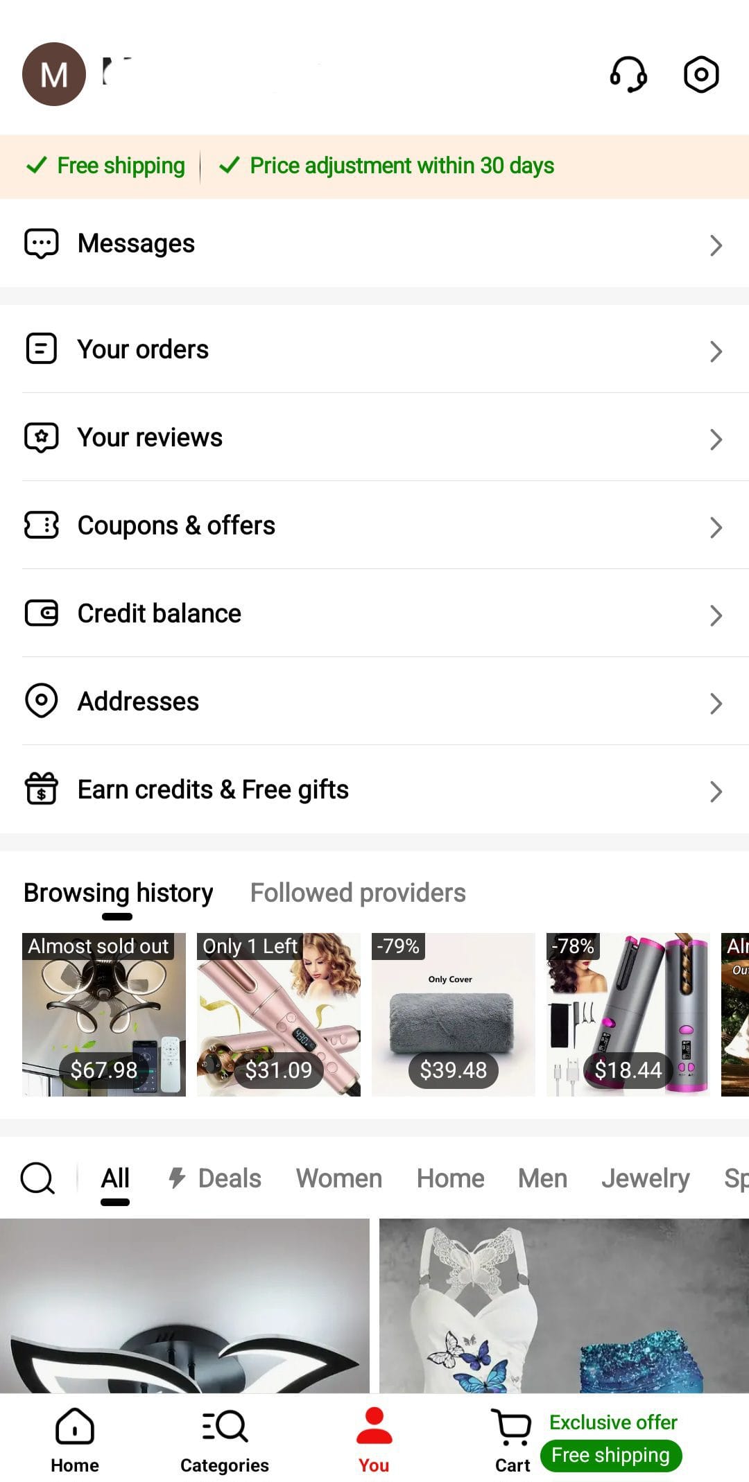 Temu profile menu