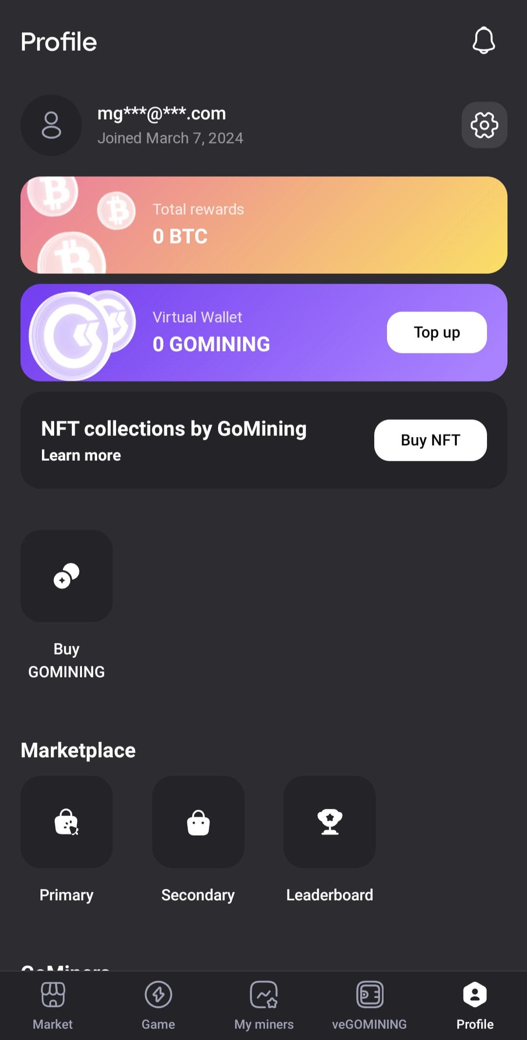 gomining profile menu