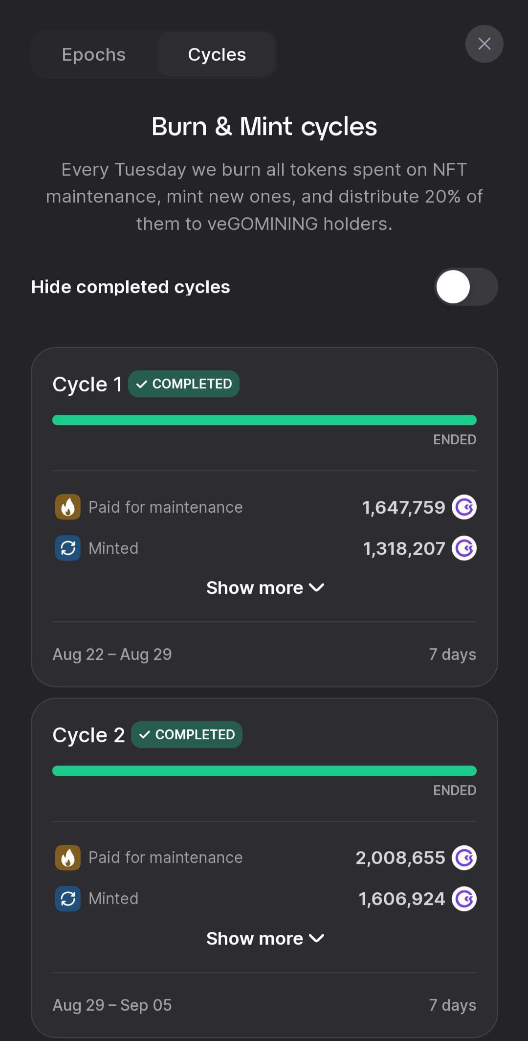 gomining burn and mint cycles