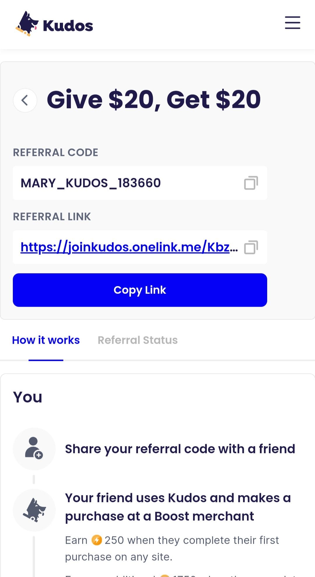 kudos referral code