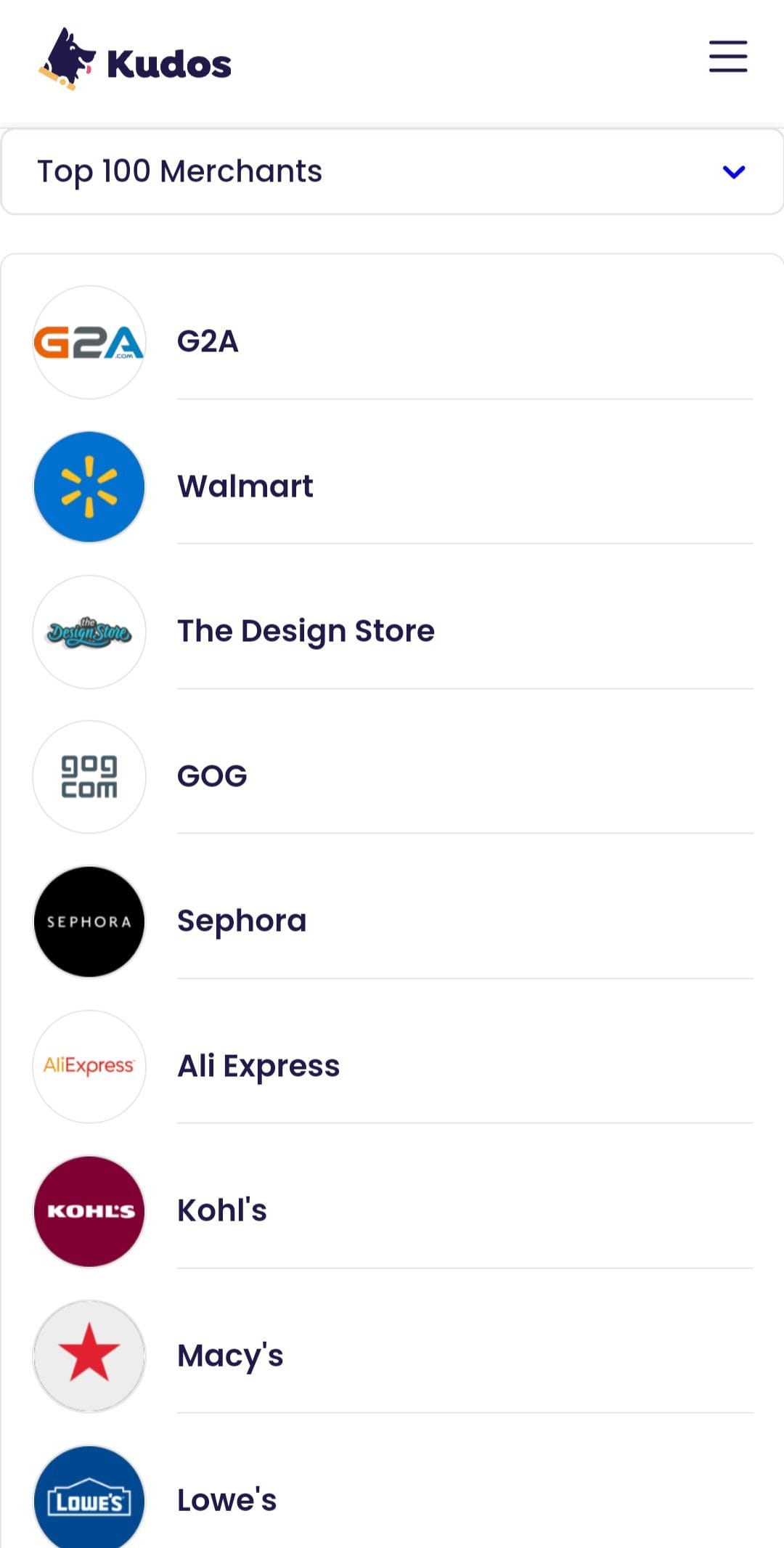 kudos search for a merchant