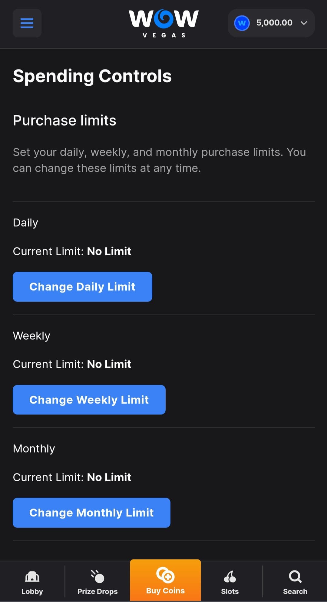 wowvegas spending limits