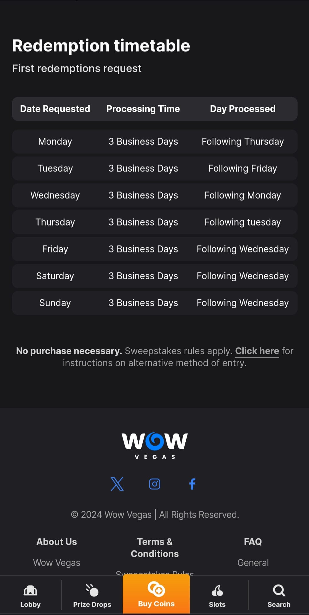 wowvegas redemption timetable