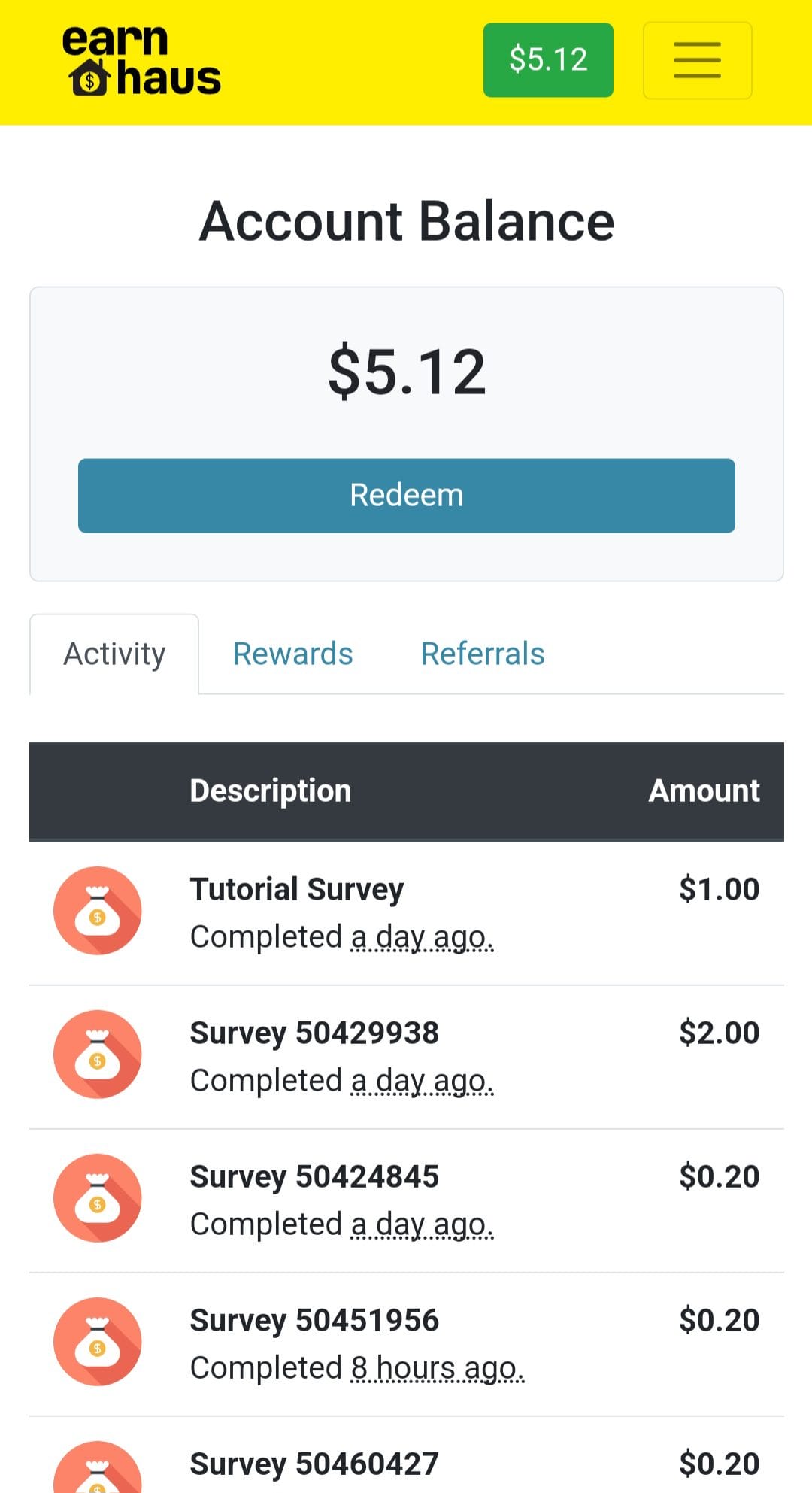 Earn Haus account activity