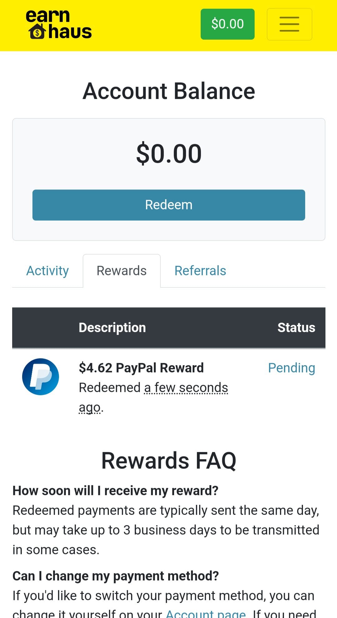 Earn Haus earned reward payout