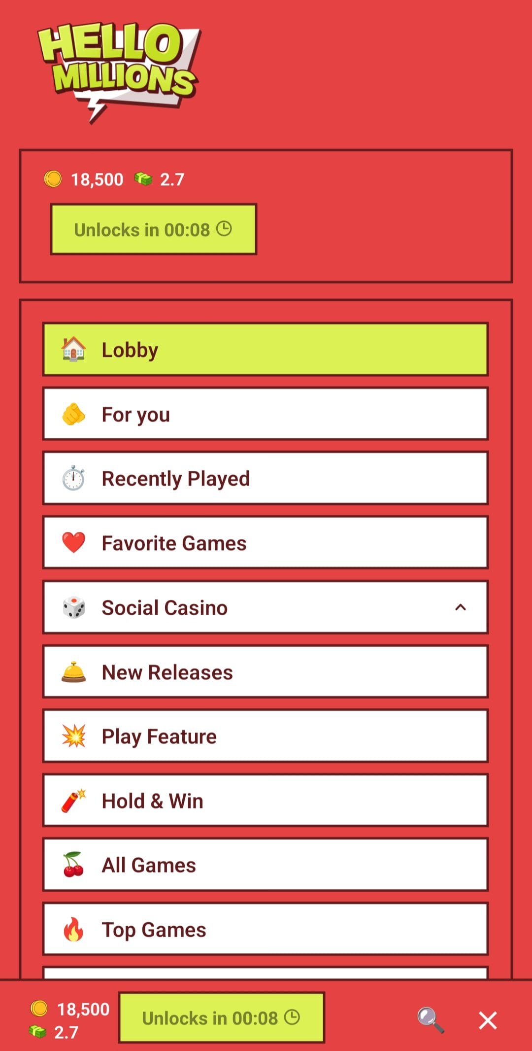 Hello Millions games menu
