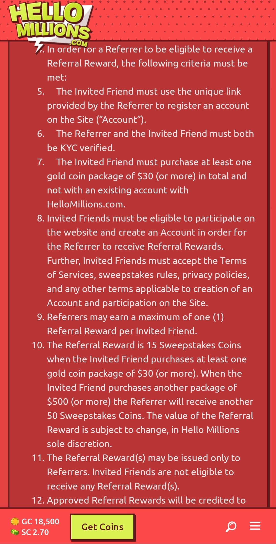 Hello Millions referral information