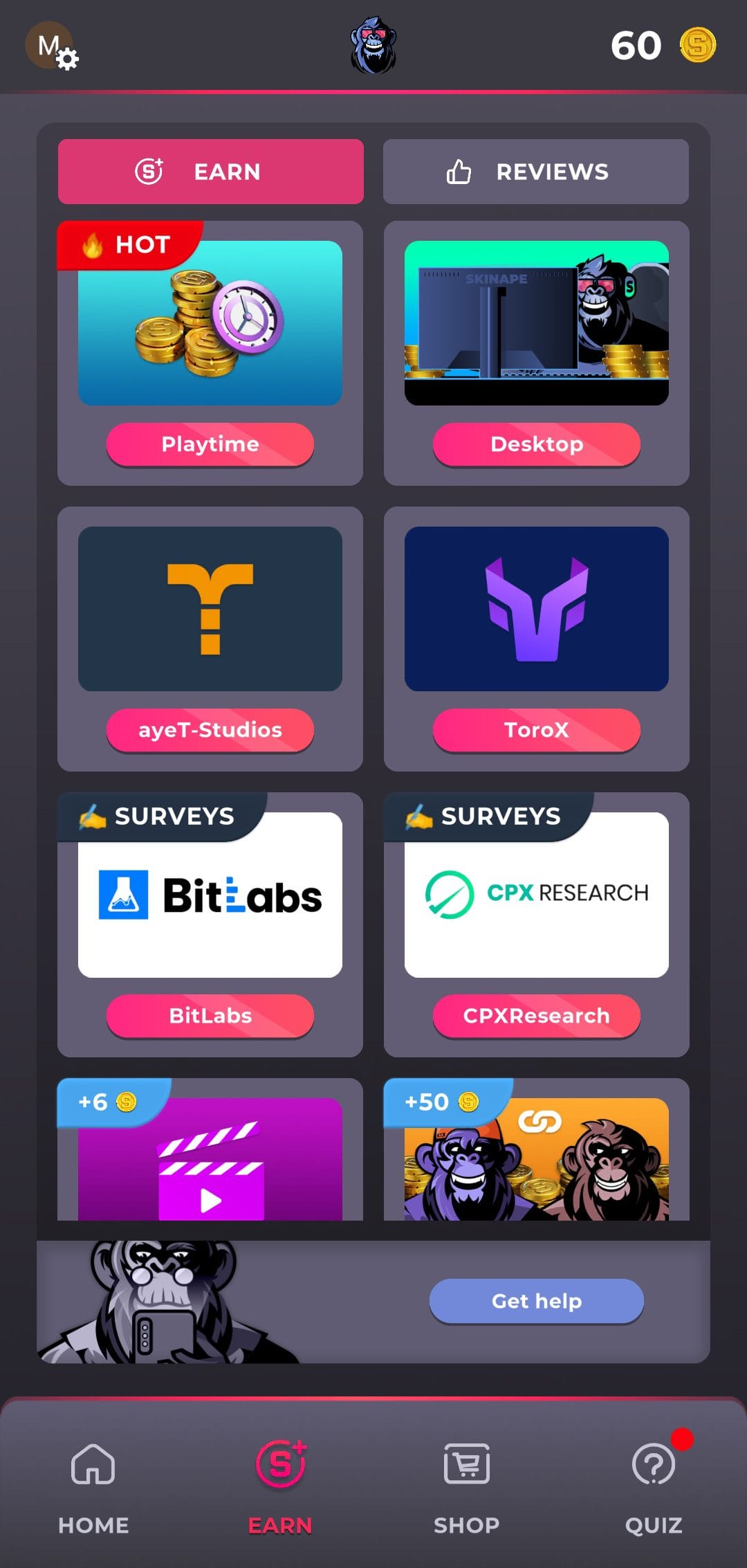 SkinApe for Games earn tab