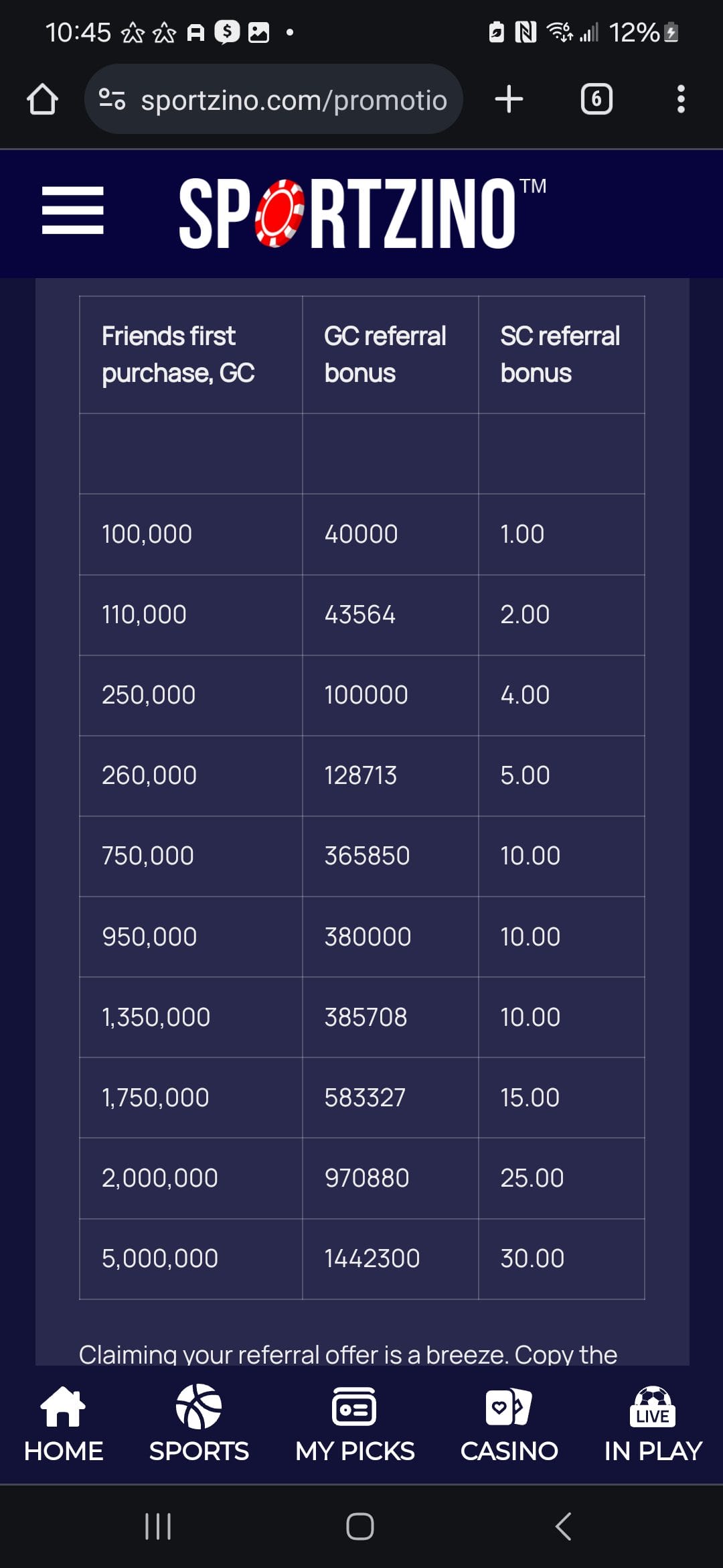 Sportzino referral bonuses