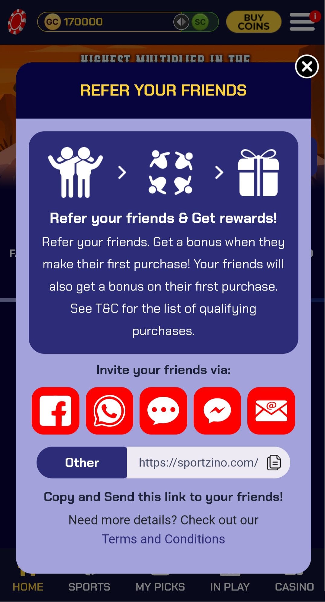 Sportzino referral code