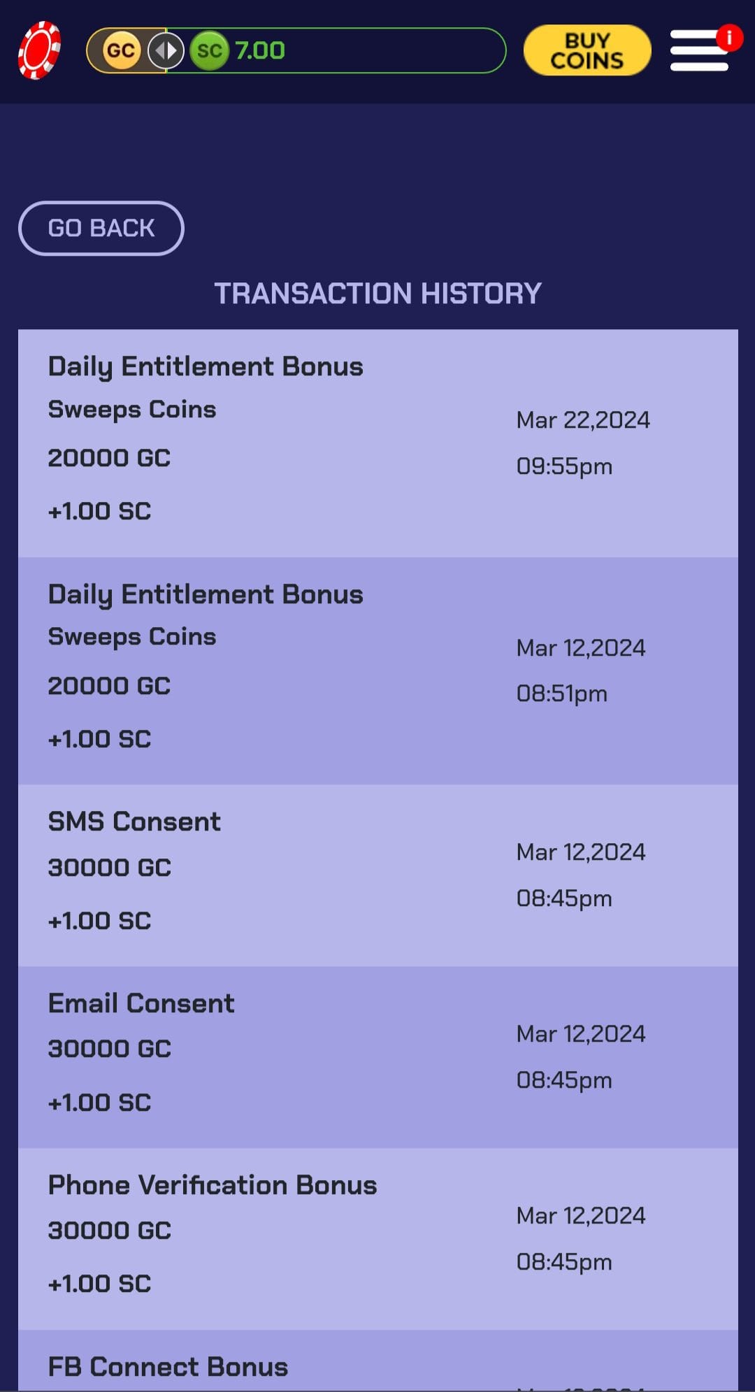 Sportzino transaction history