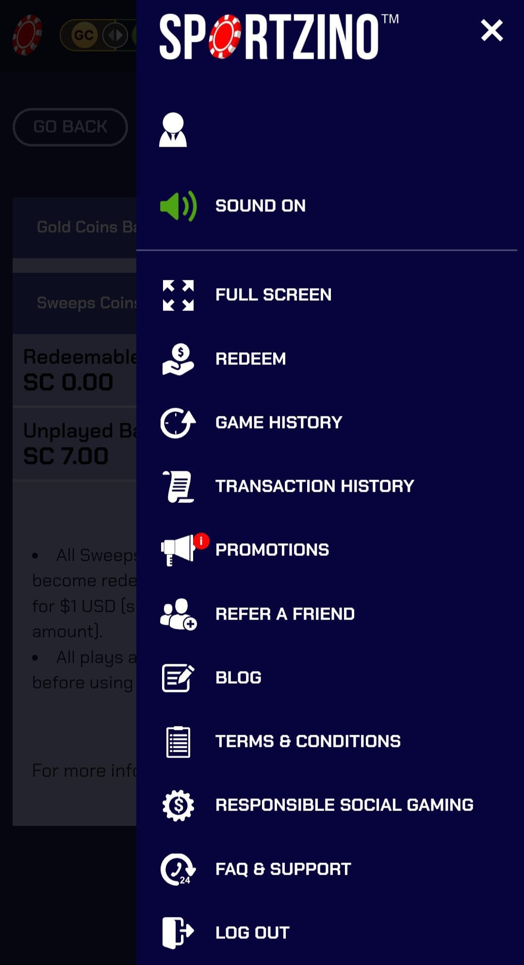 Sportzino menu