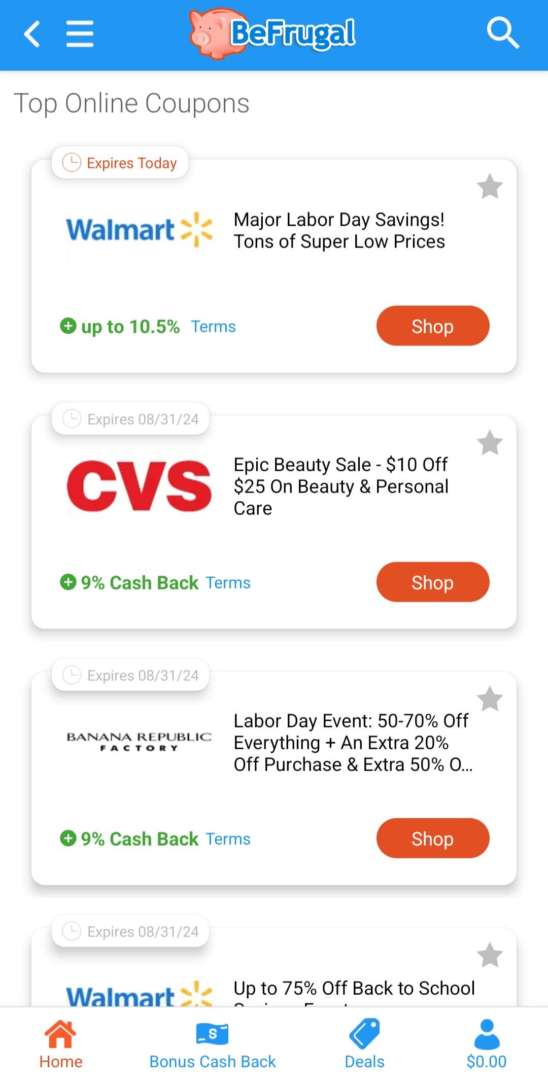 BeFrugal top online coupons