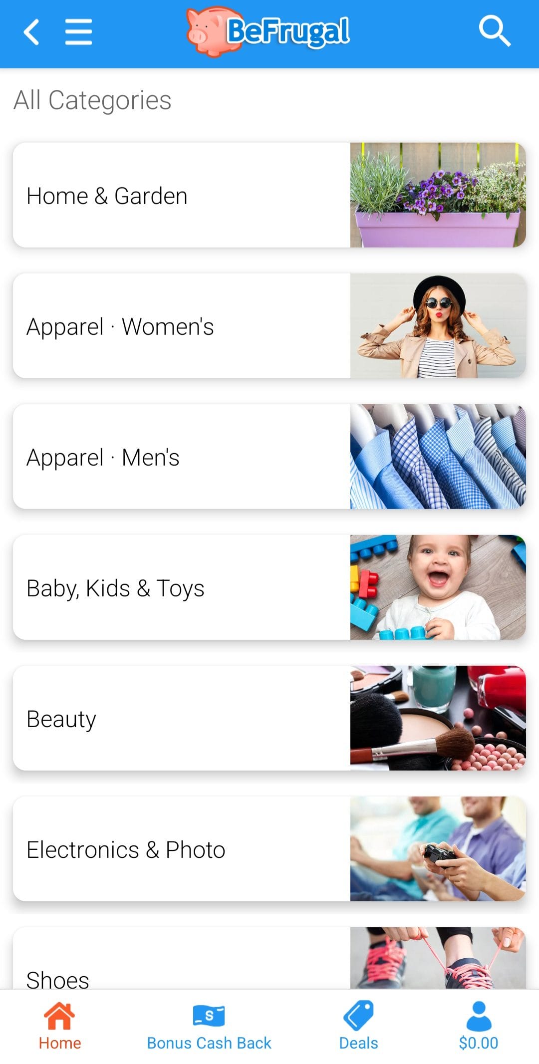 BeFrugal all categories