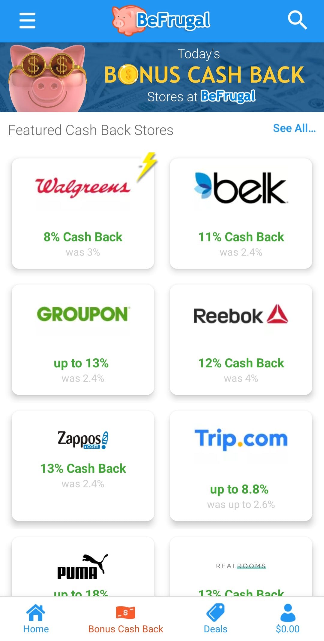 BeFrugal featured cashback stores