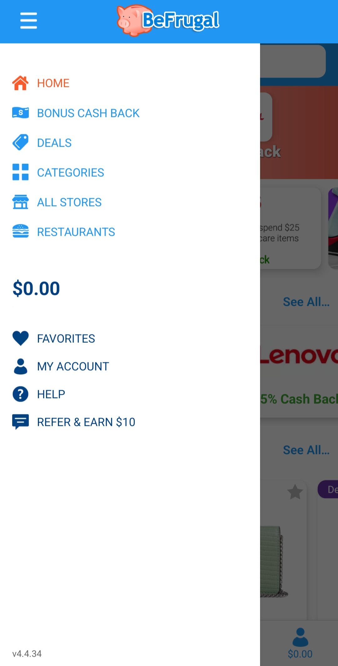 BeFrugal profile menu