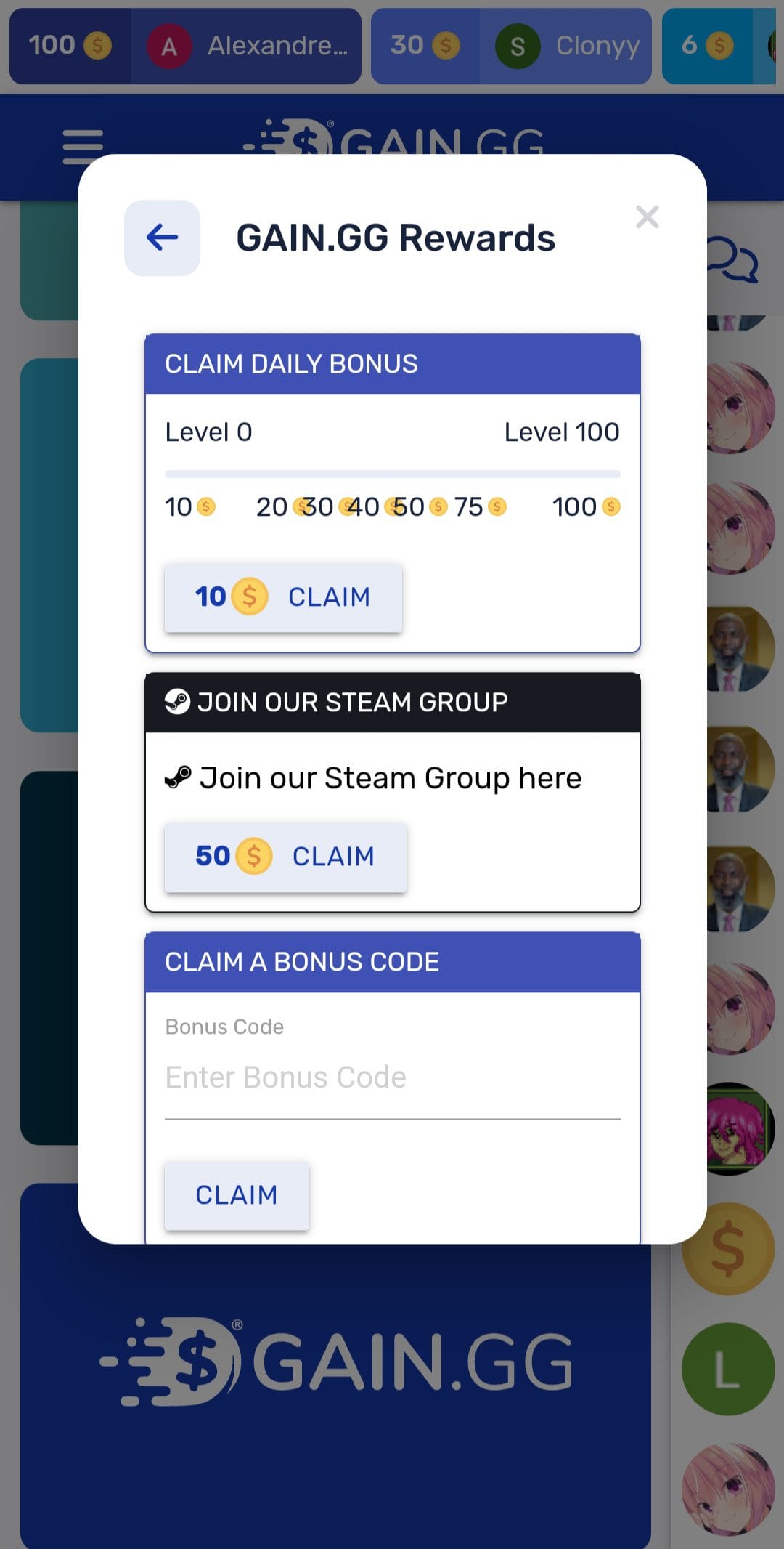 GAIN.GG daily bonuses