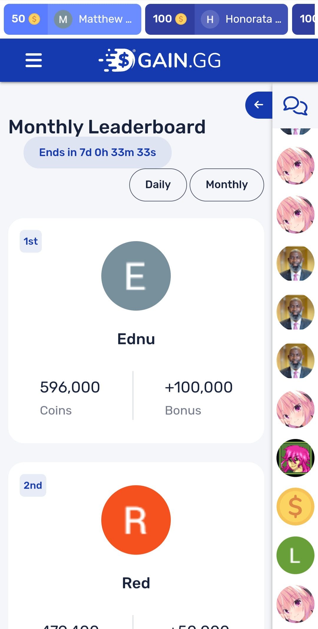 GAIN.GG monthly leaderboard