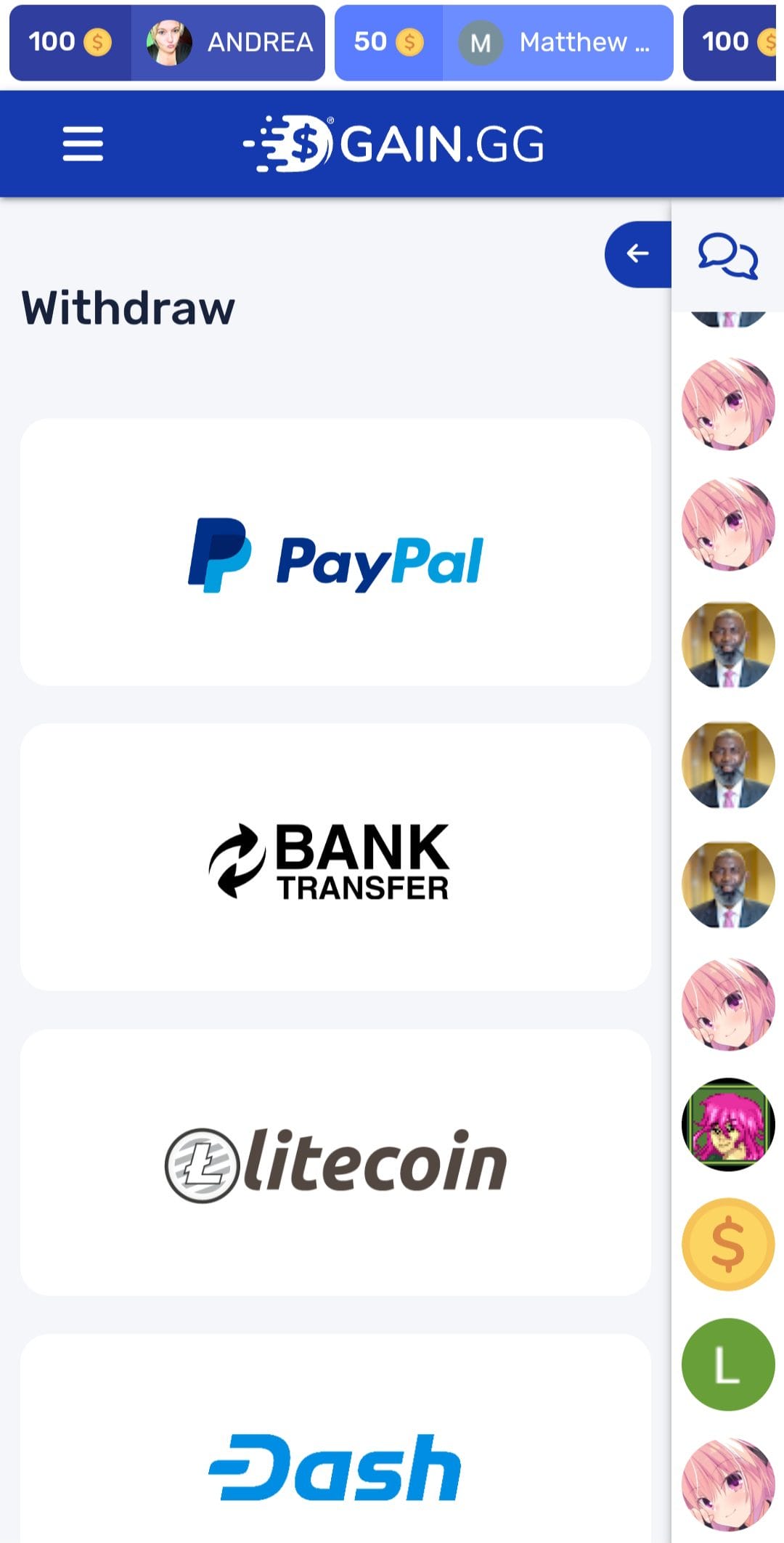 GAIN.GG cashout options