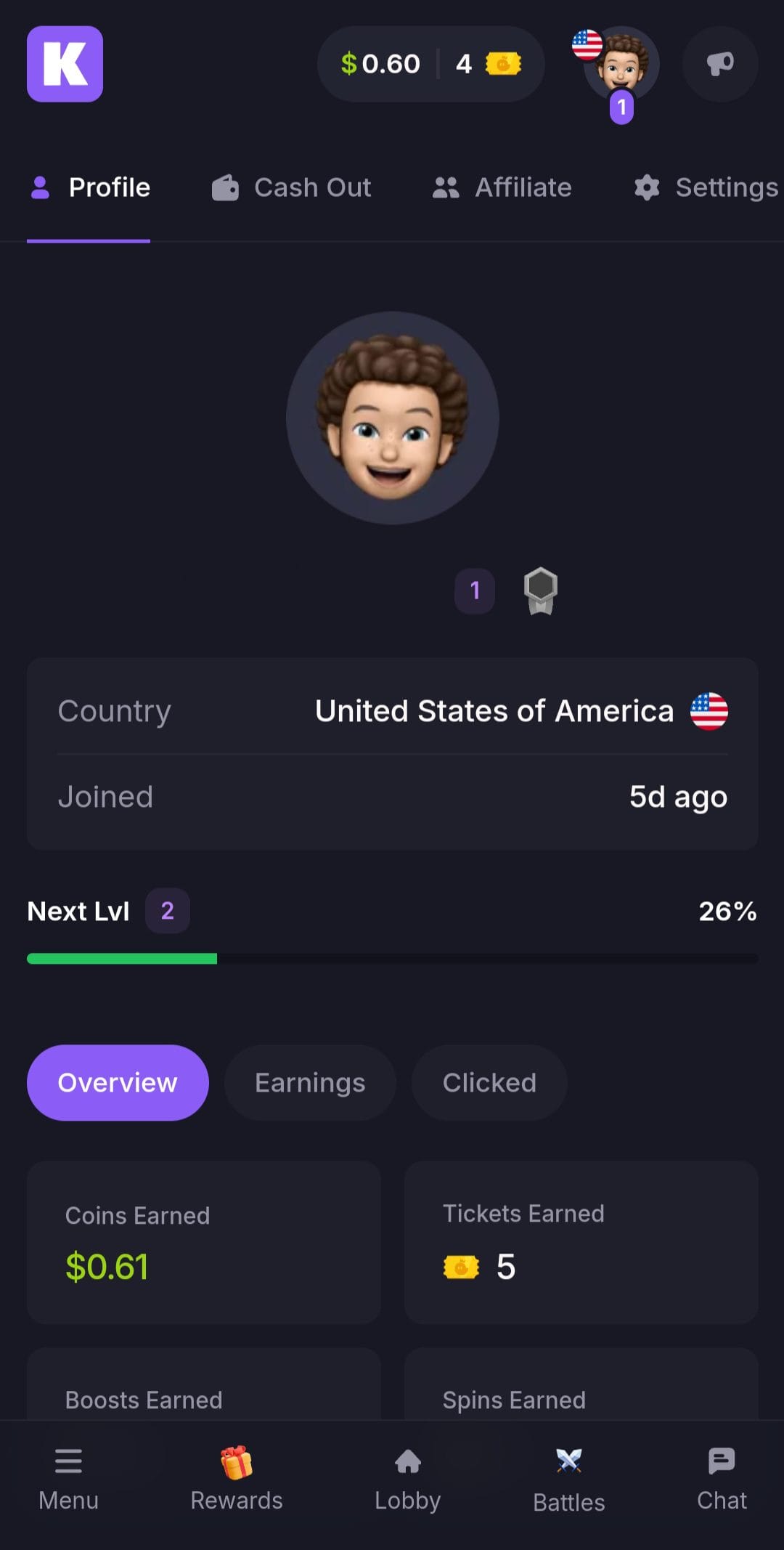 KASH profile menu