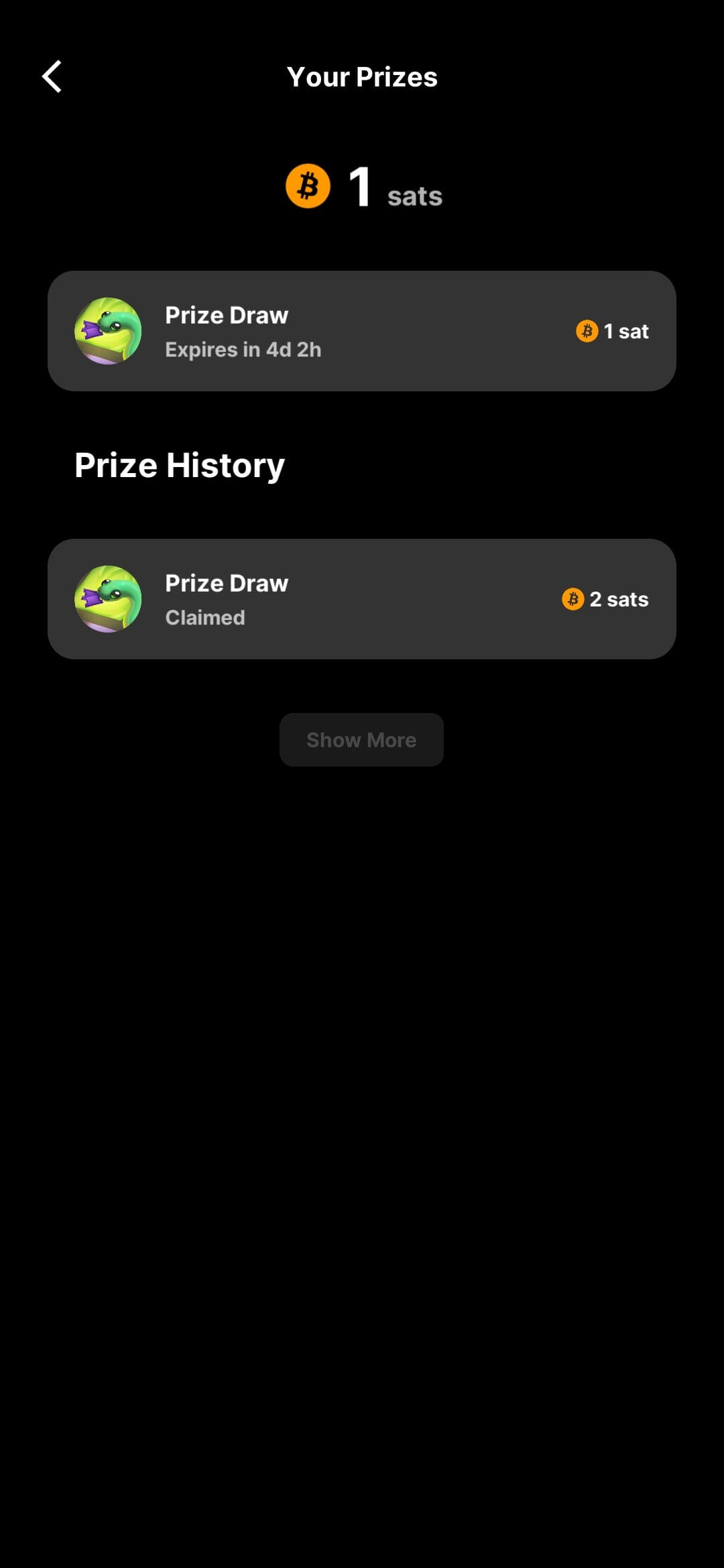 Bitcoin Snake prize history