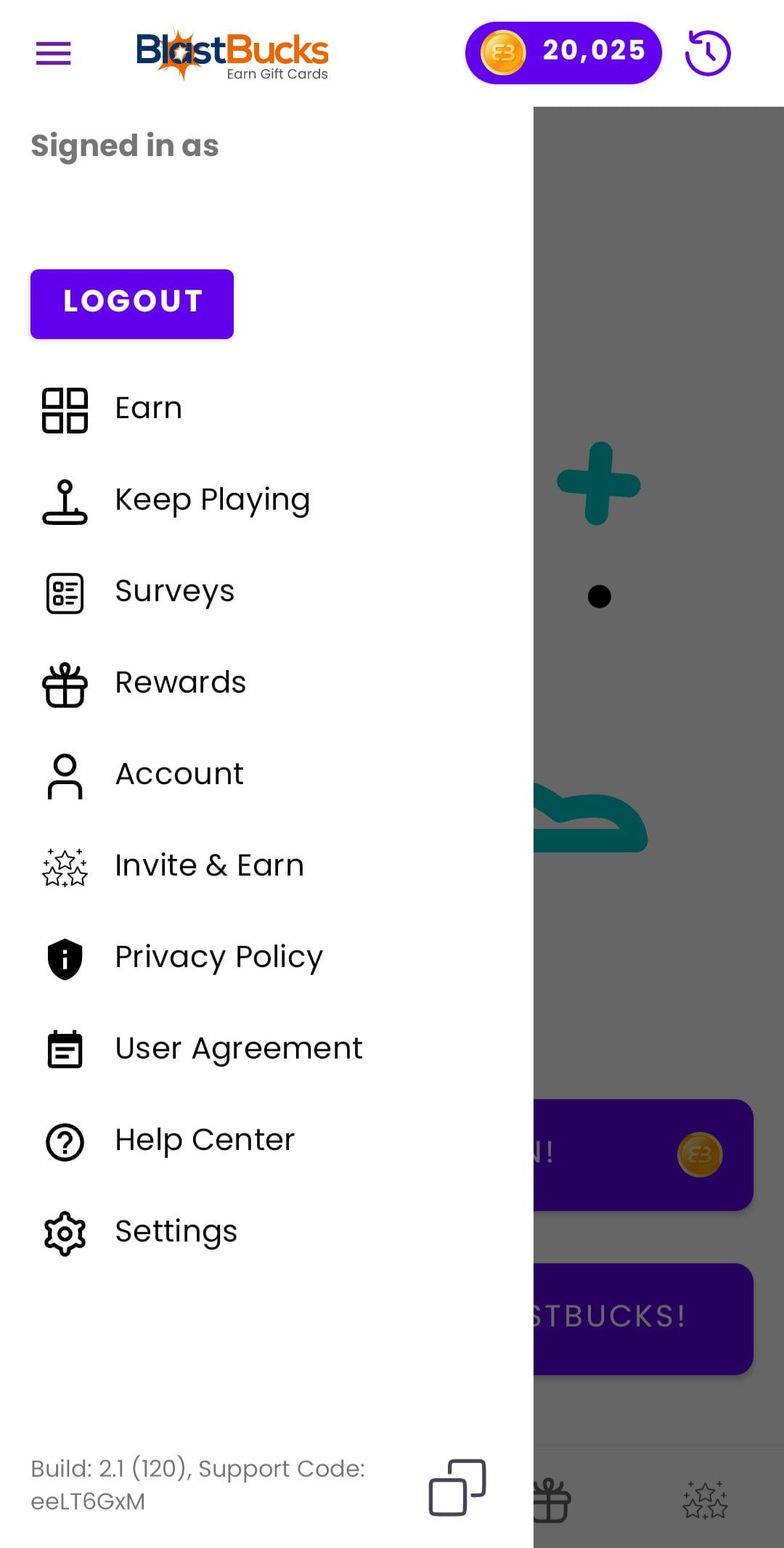 BlastBucks profile menu
