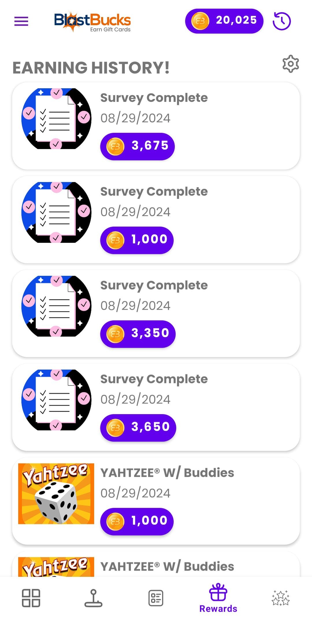 BlastBucks earning history