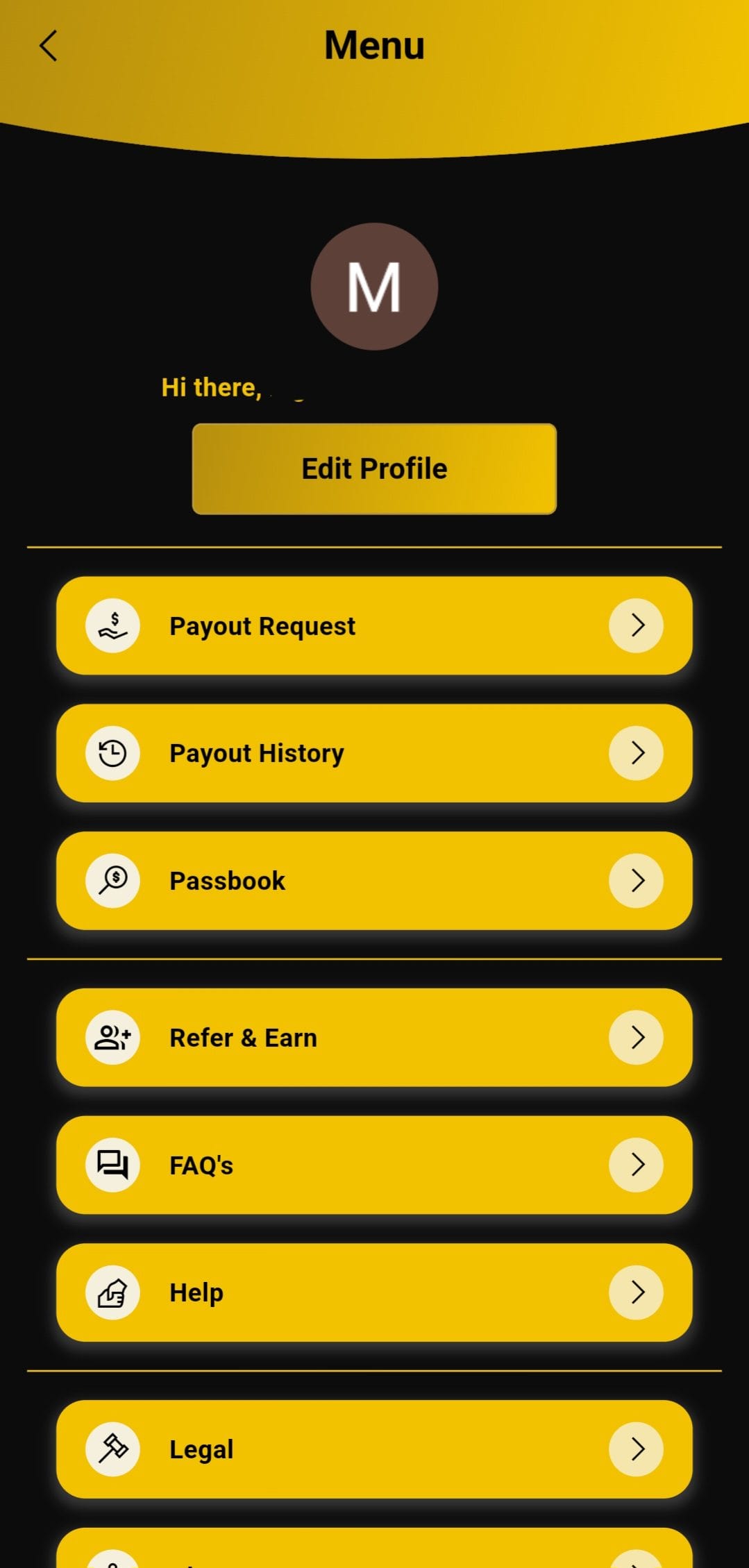 Cash Queen profile menu