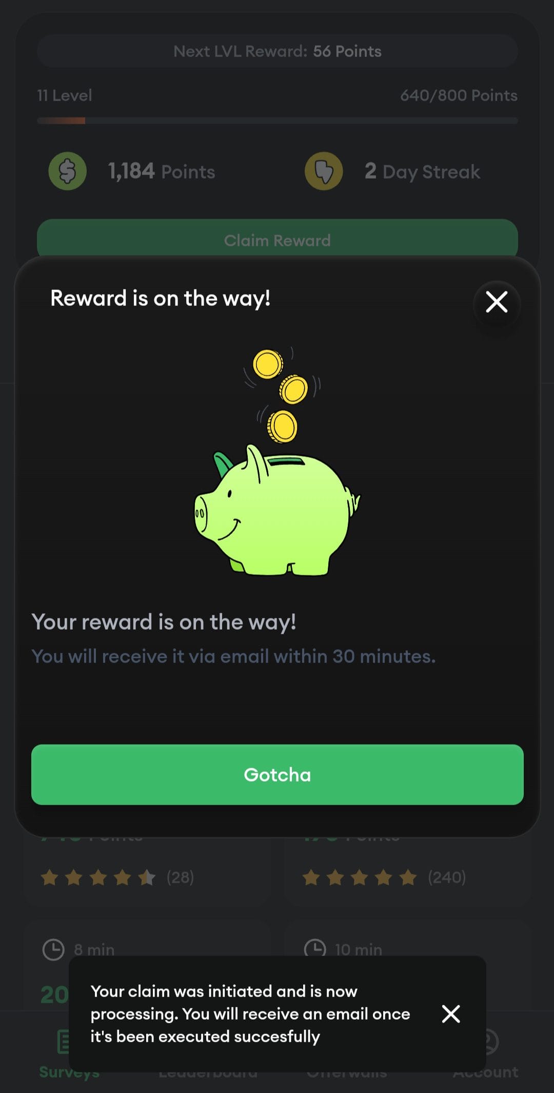 Hey Cash reward confirmation