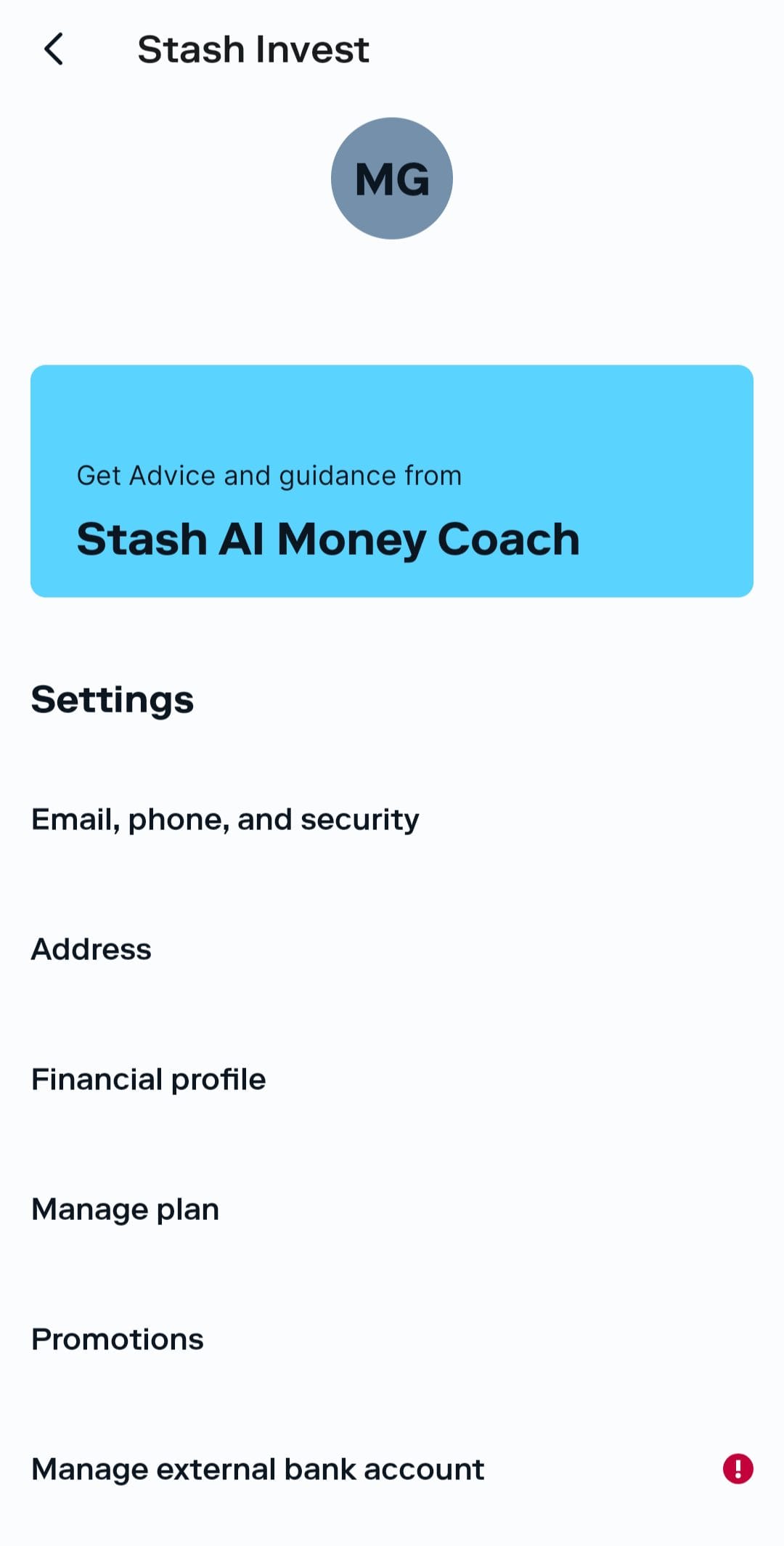 Stash profile menu