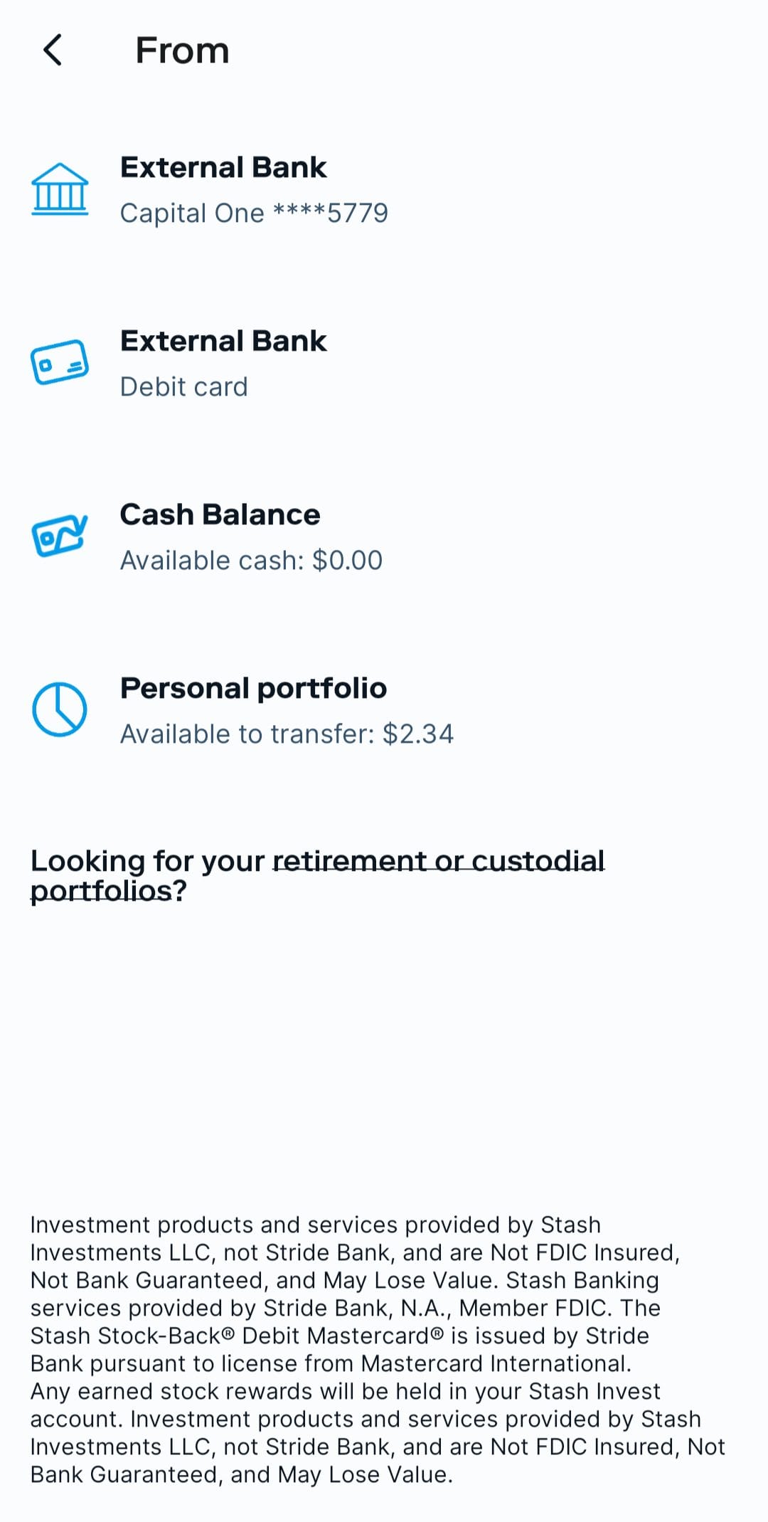 Stash transfer balance