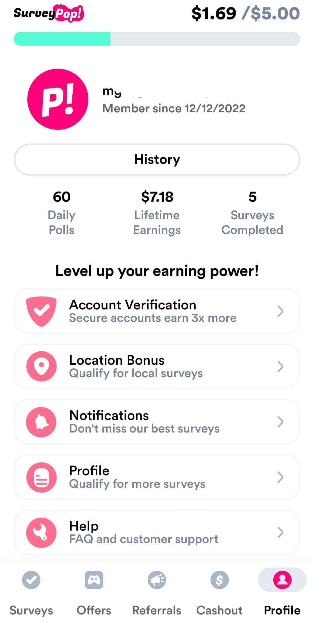 Survey Pop profile menu