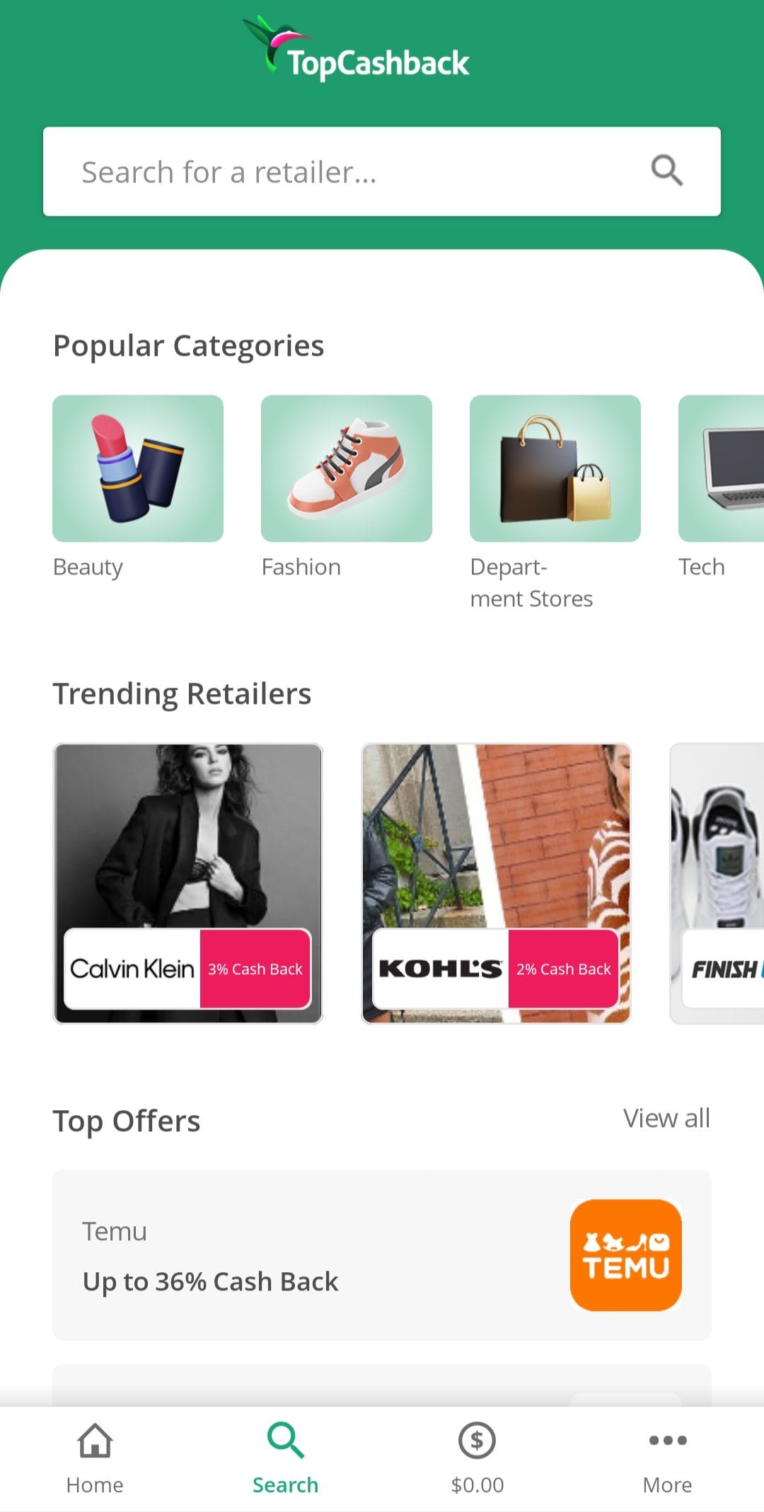 TopCashback categories