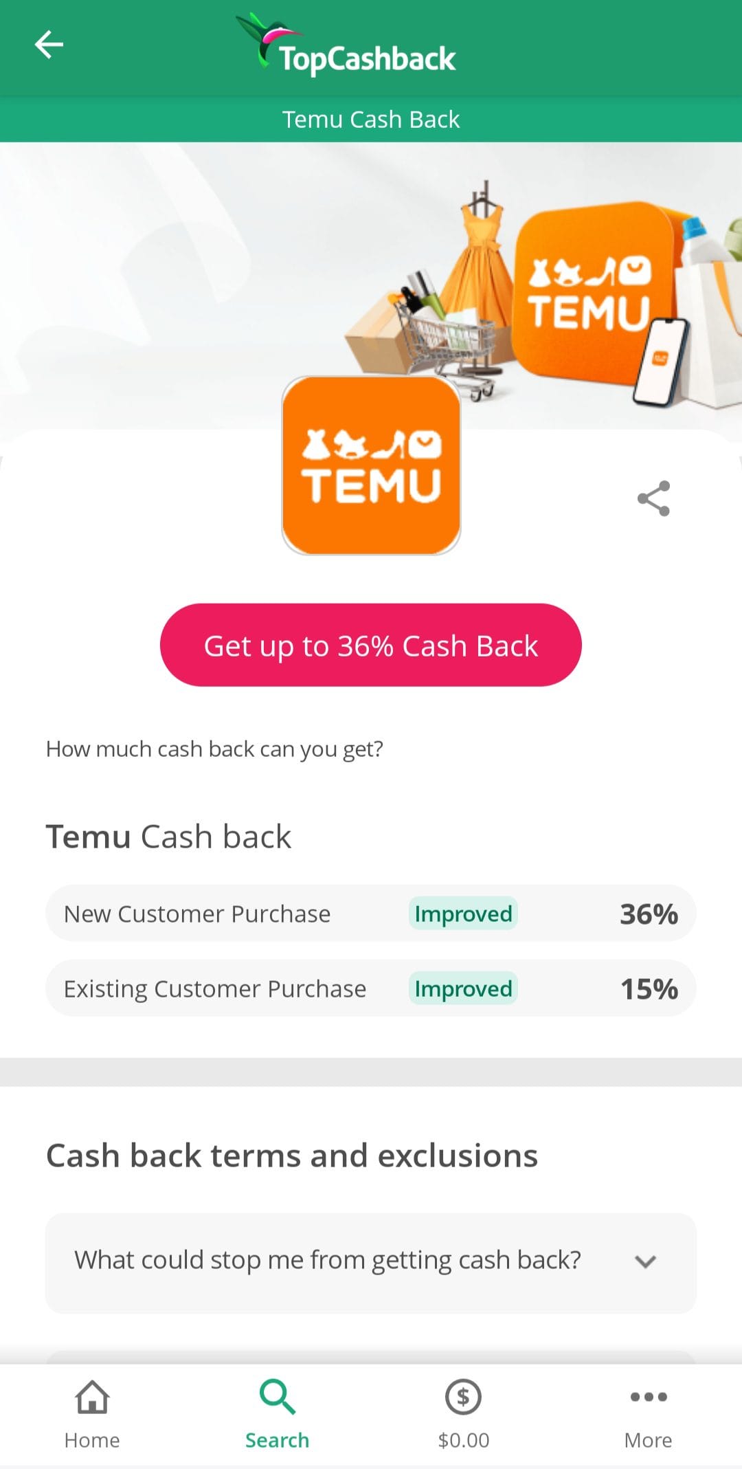 TopCashback temu offers