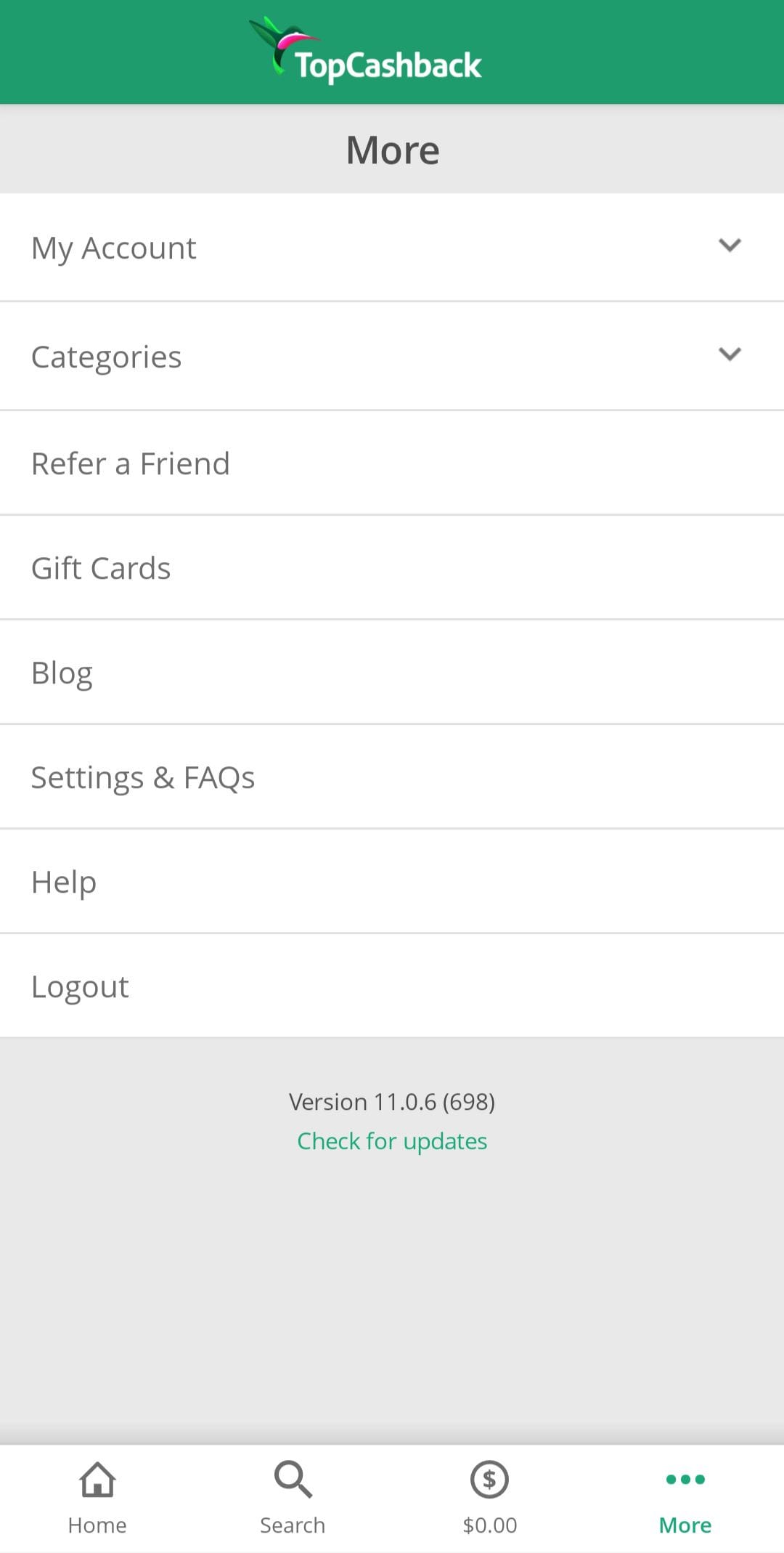 TopCashback profile menu