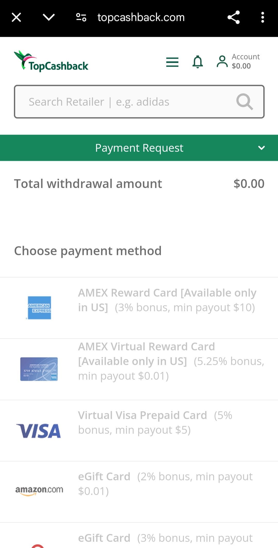 TopCashback cashout options
