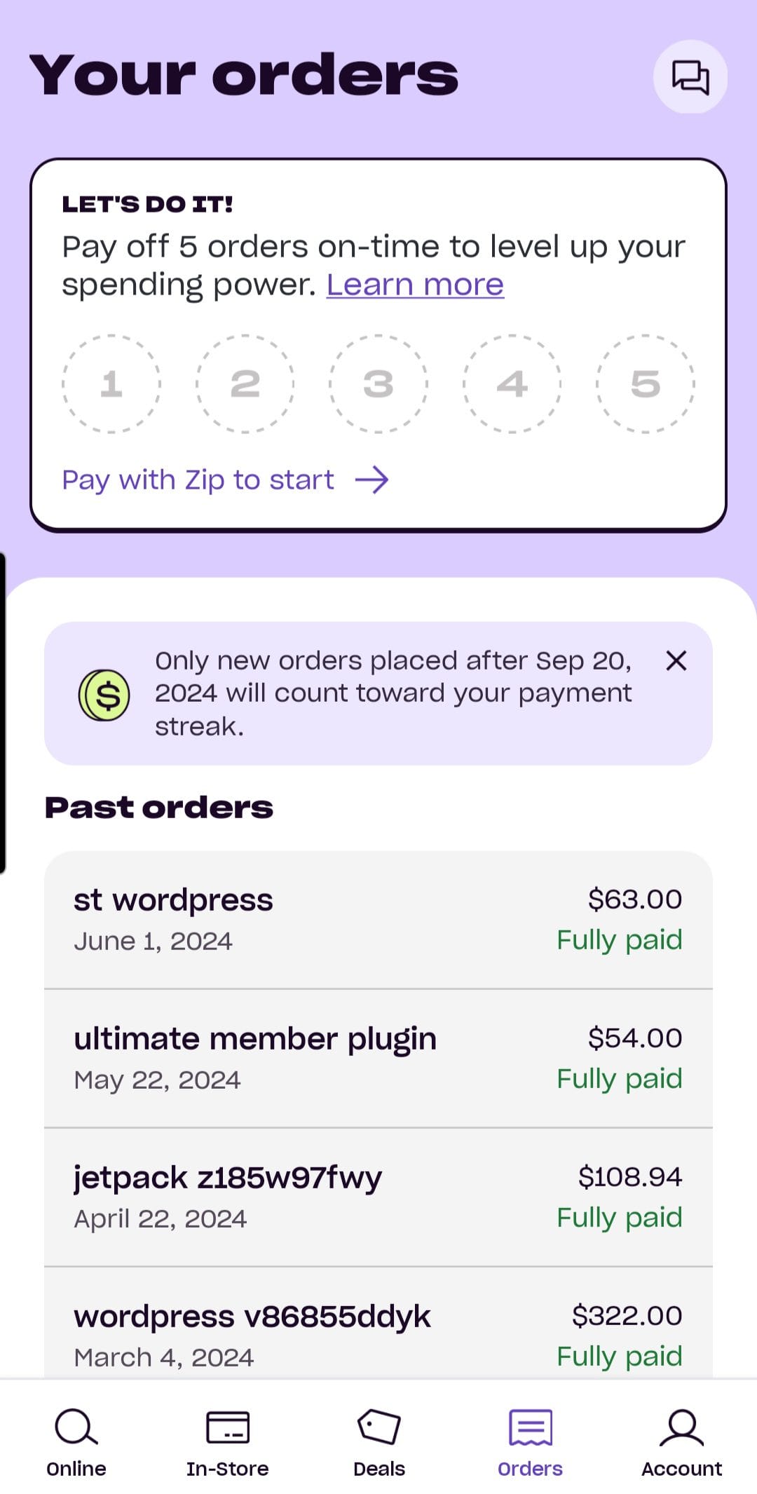 Zip past orders