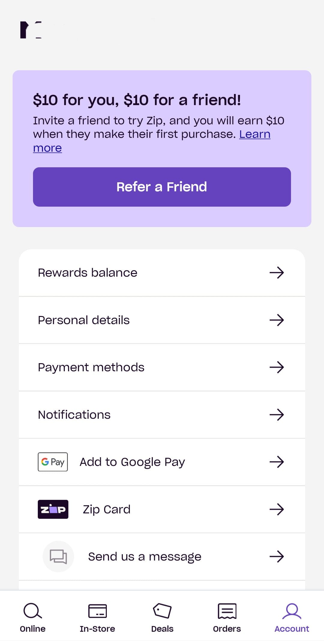 Zip account menu