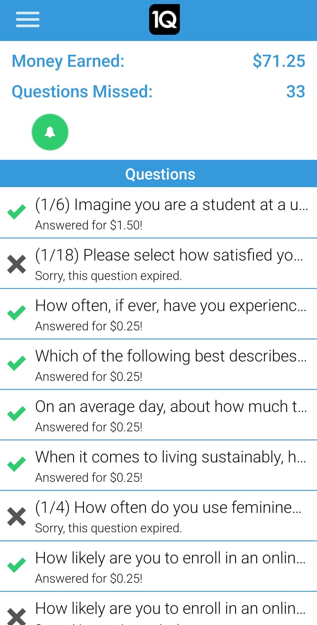1Q answer survey questions