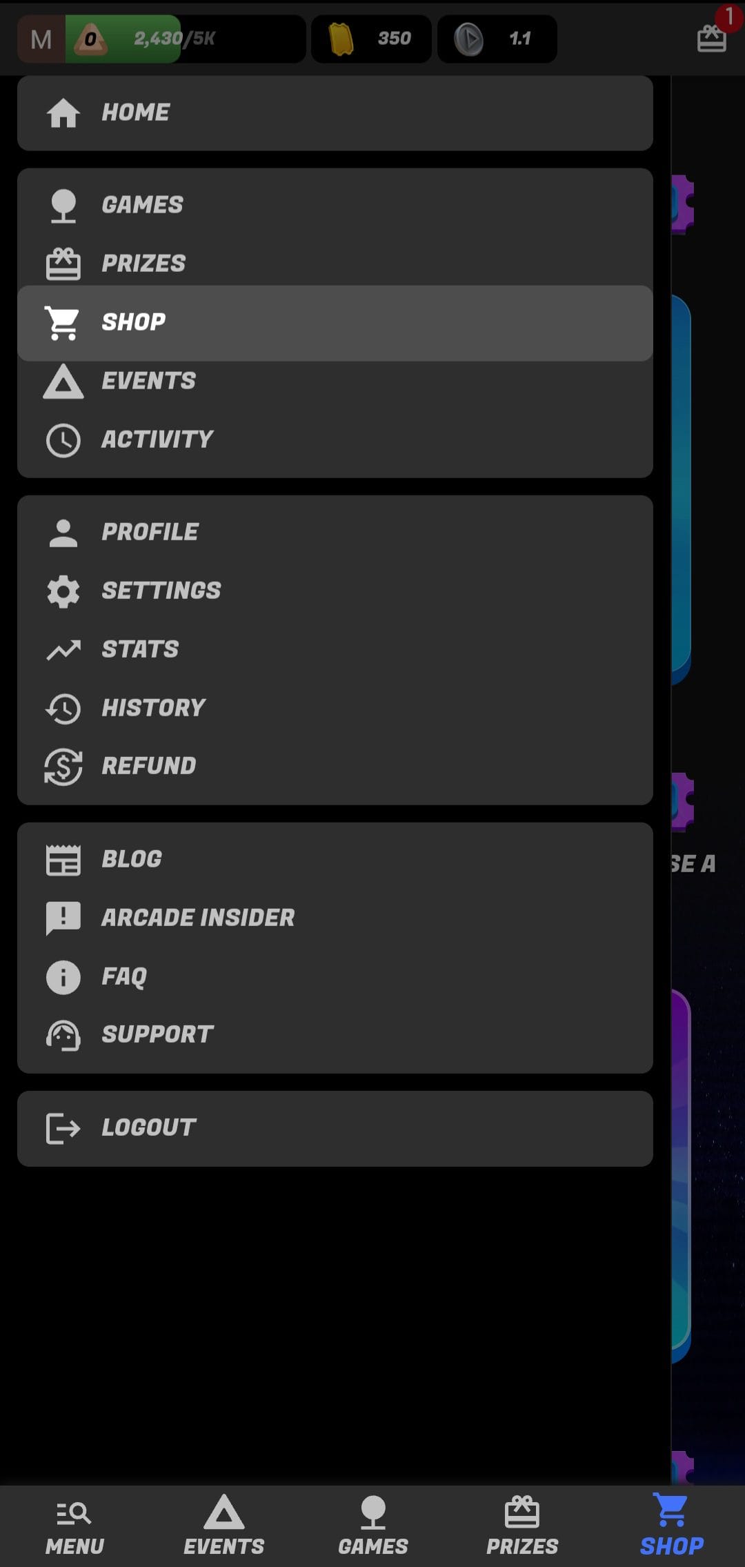 Arcade Online Profile Menu