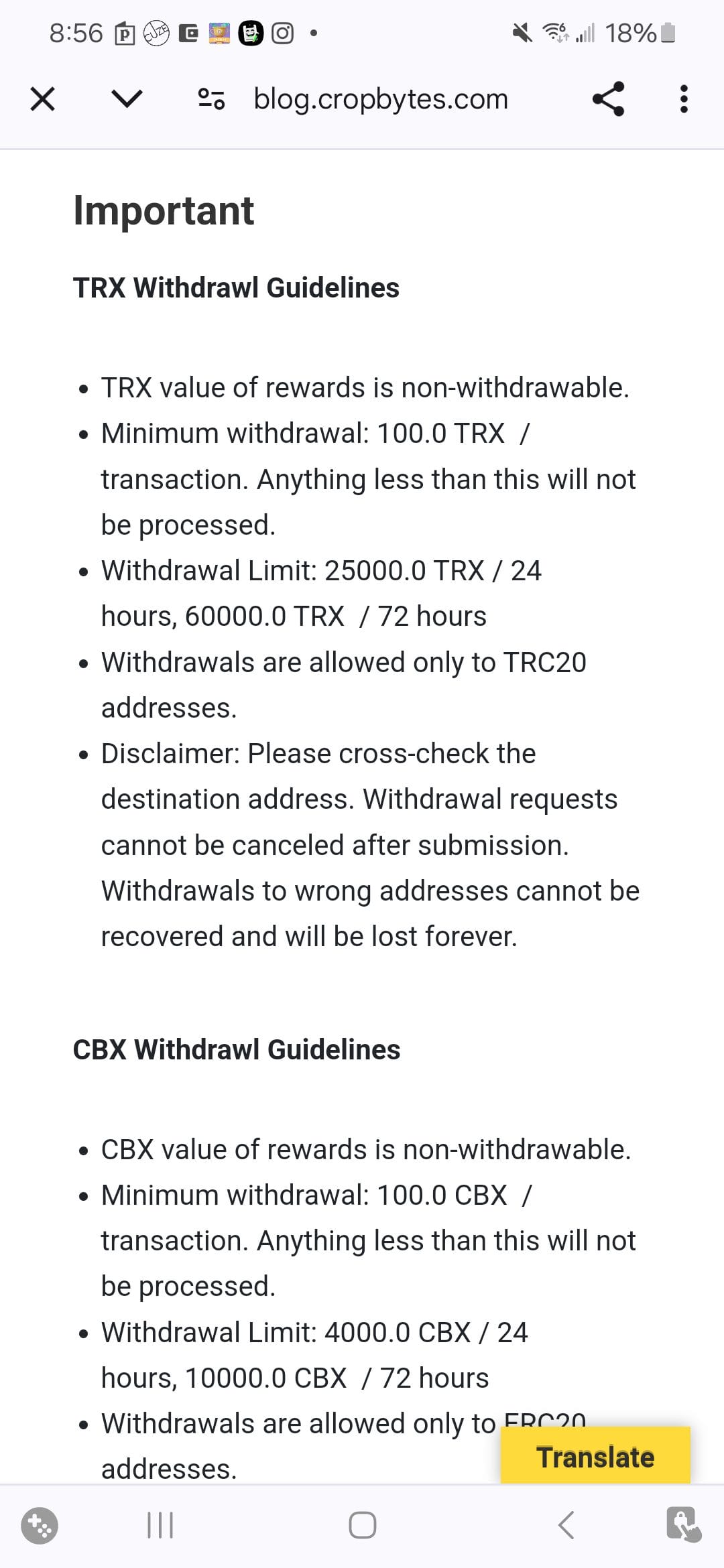 CropBytes TRX Withdrawal